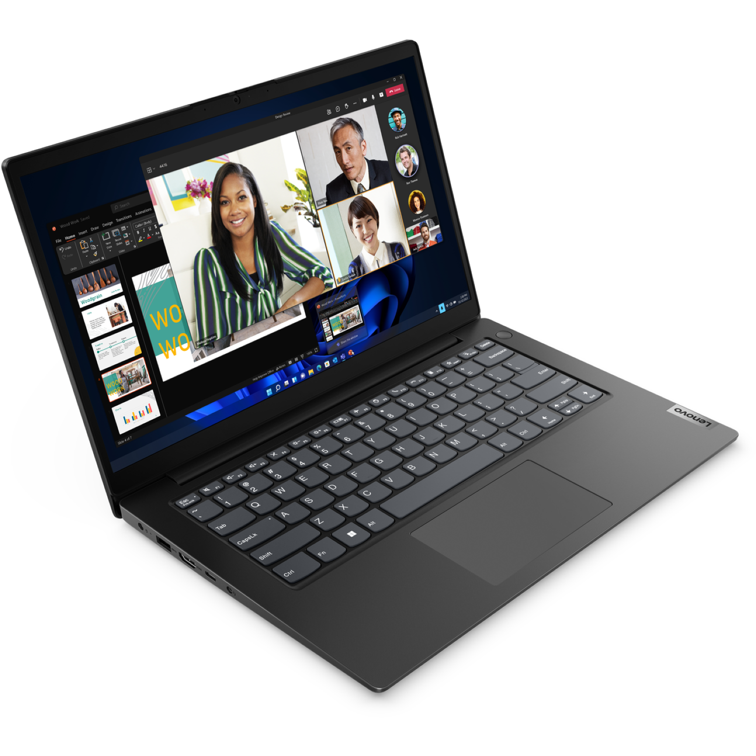 Een zwarte Lenovo laptop toont een videogesprek met vier personen. Het scherm toont ook een presentatie en applicatiemenu's.