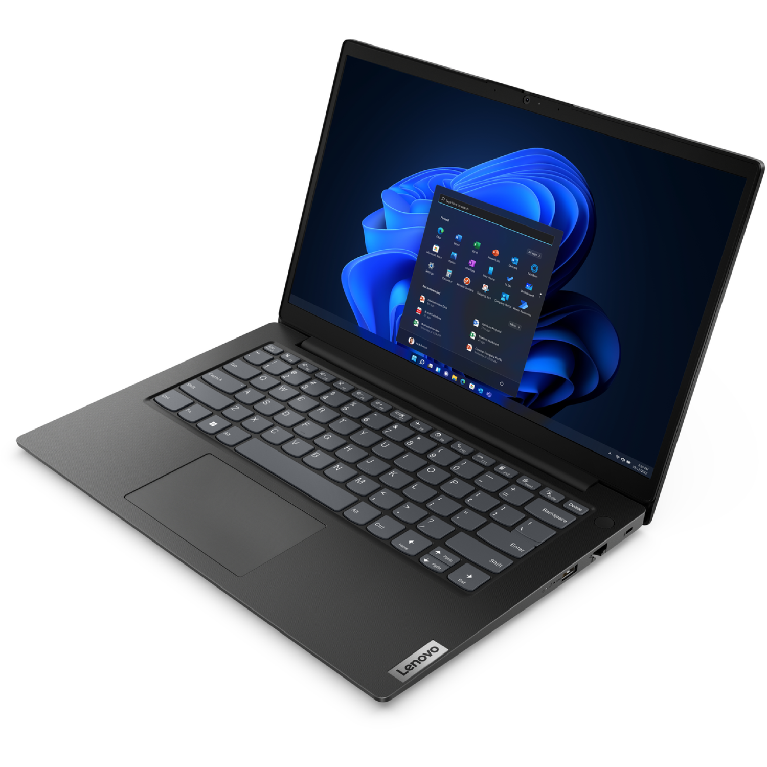 Een zwarte Lenovo-laptop is open en toont een Windows 11-interface. Het scherm toont een blauwe abstracte achtergrond en een menu.