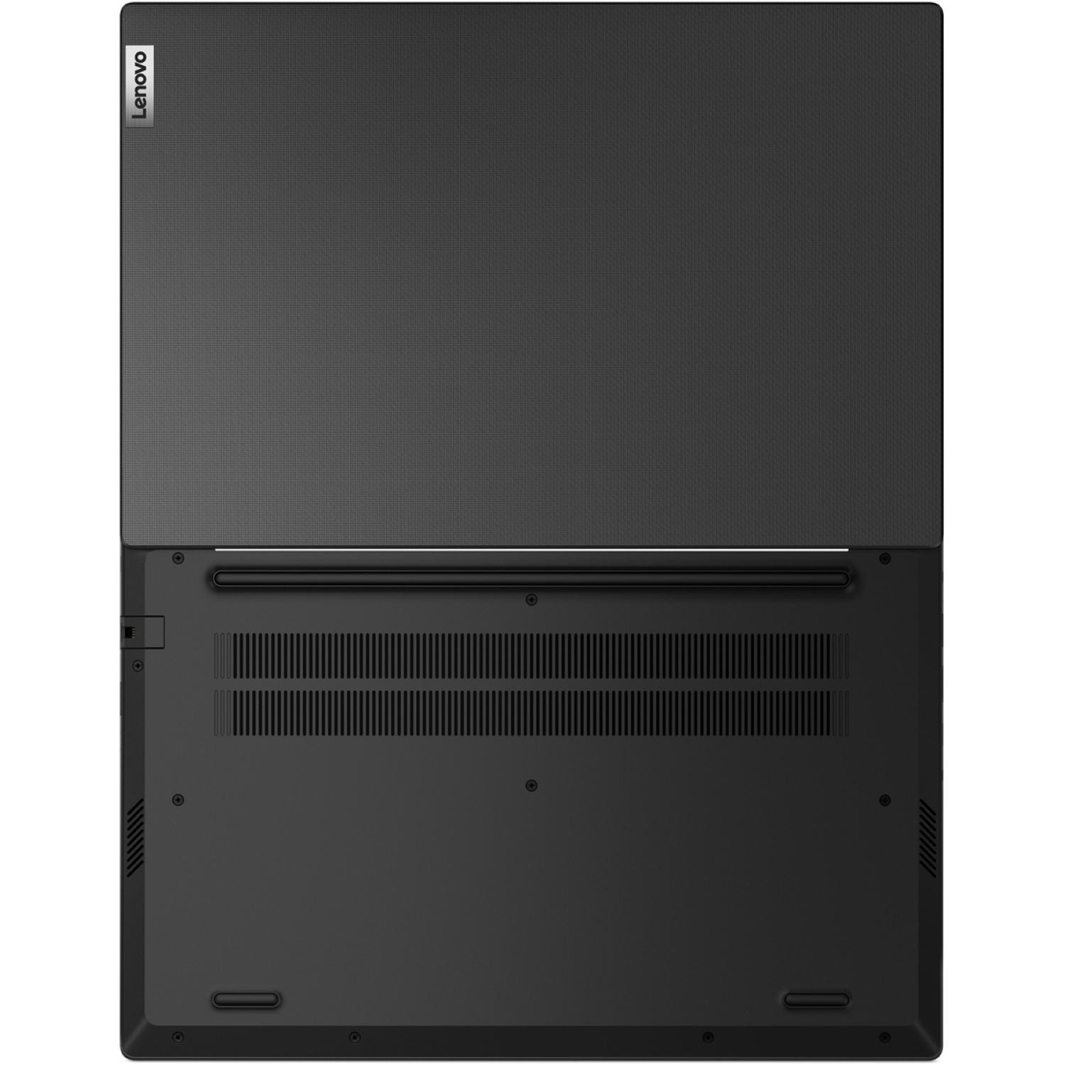 Een zwarte Lenovo-laptop, open, bovenaanzicht. Het deksel is omhoog. De onderkant toont ventilatieopeningen en een paar schroeven.