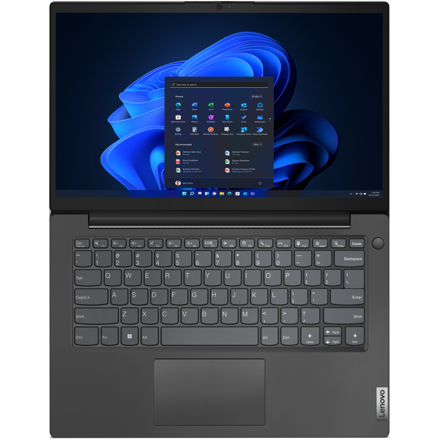 Een Lenovo-laptop met de Windows 11-interface. Een menu is geopend met applicatie-iconen.