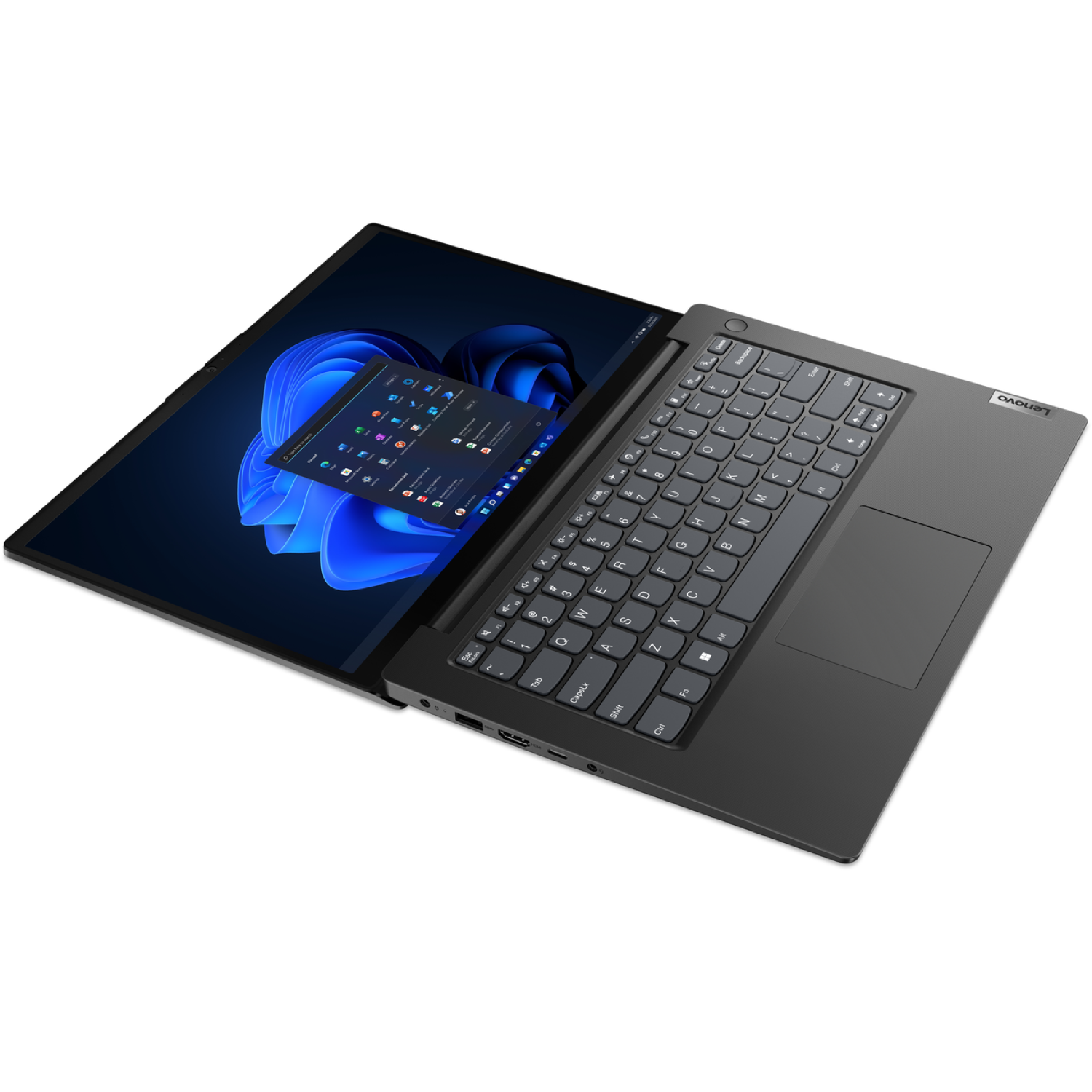 Een grijze Lenovo laptop is open, met het Windows 11 startmenu. Het toetsenbord is zichtbaar en het scherm toont een blauwe achtergrond.