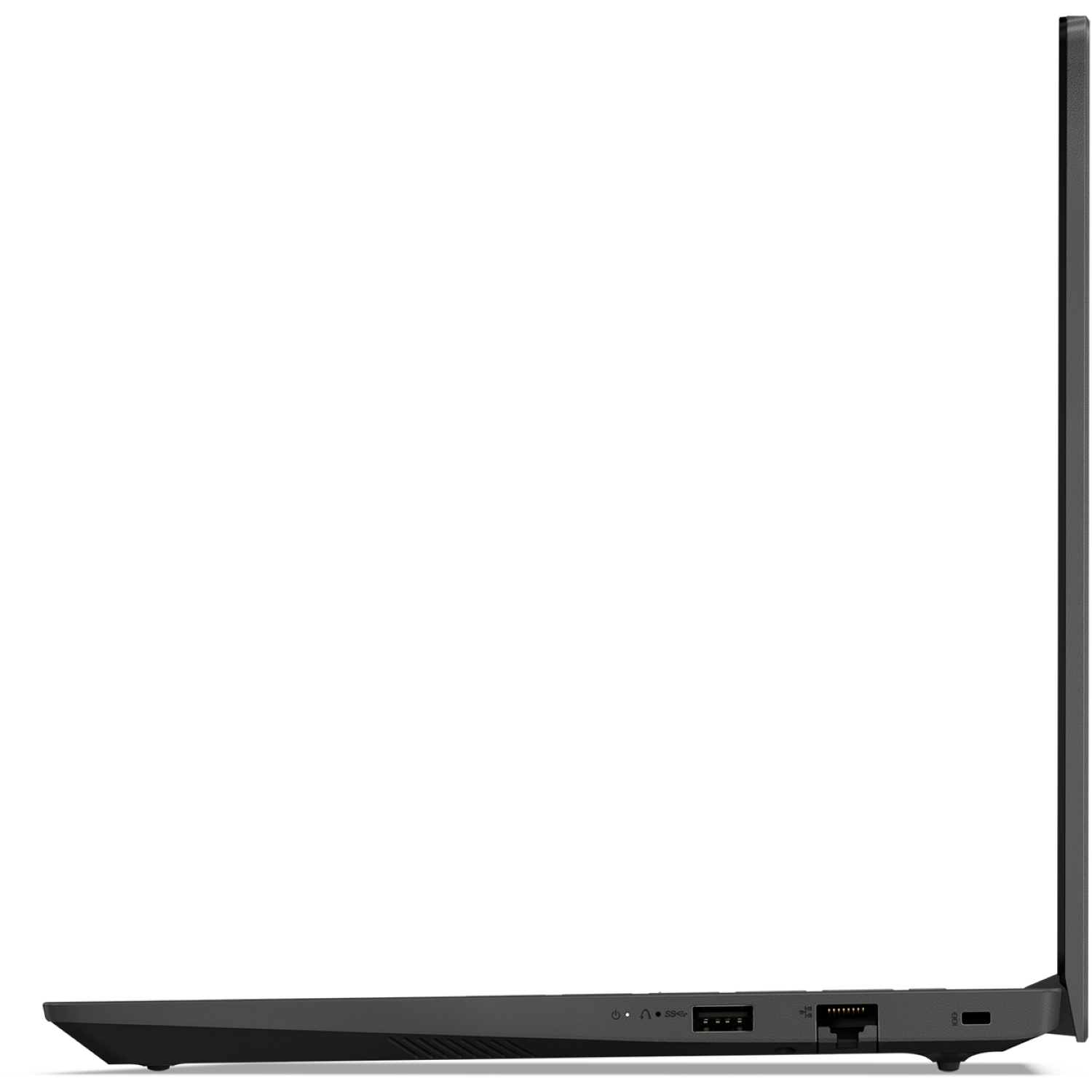 Zijaanzicht van een donkergrijze laptop. Zichtbare poorten zijn USB, Ethernet en een stroomingang. Het scherm is open.