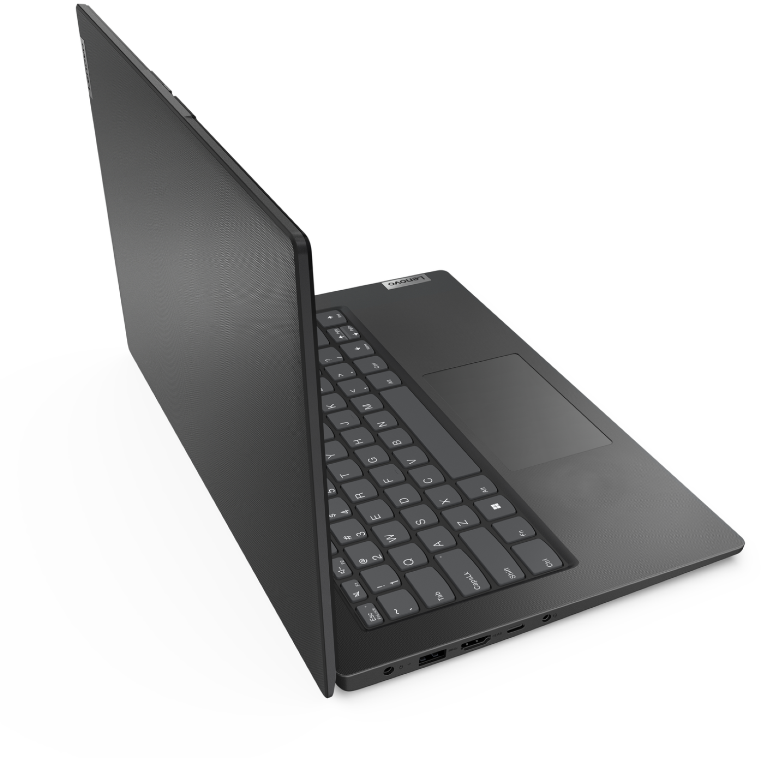 Een donkergrijze Lenovo-laptop is opengeklapt en toont het toetsenbord en het touchpad. Het scherm staat omhoog en de achtergrond is wit.