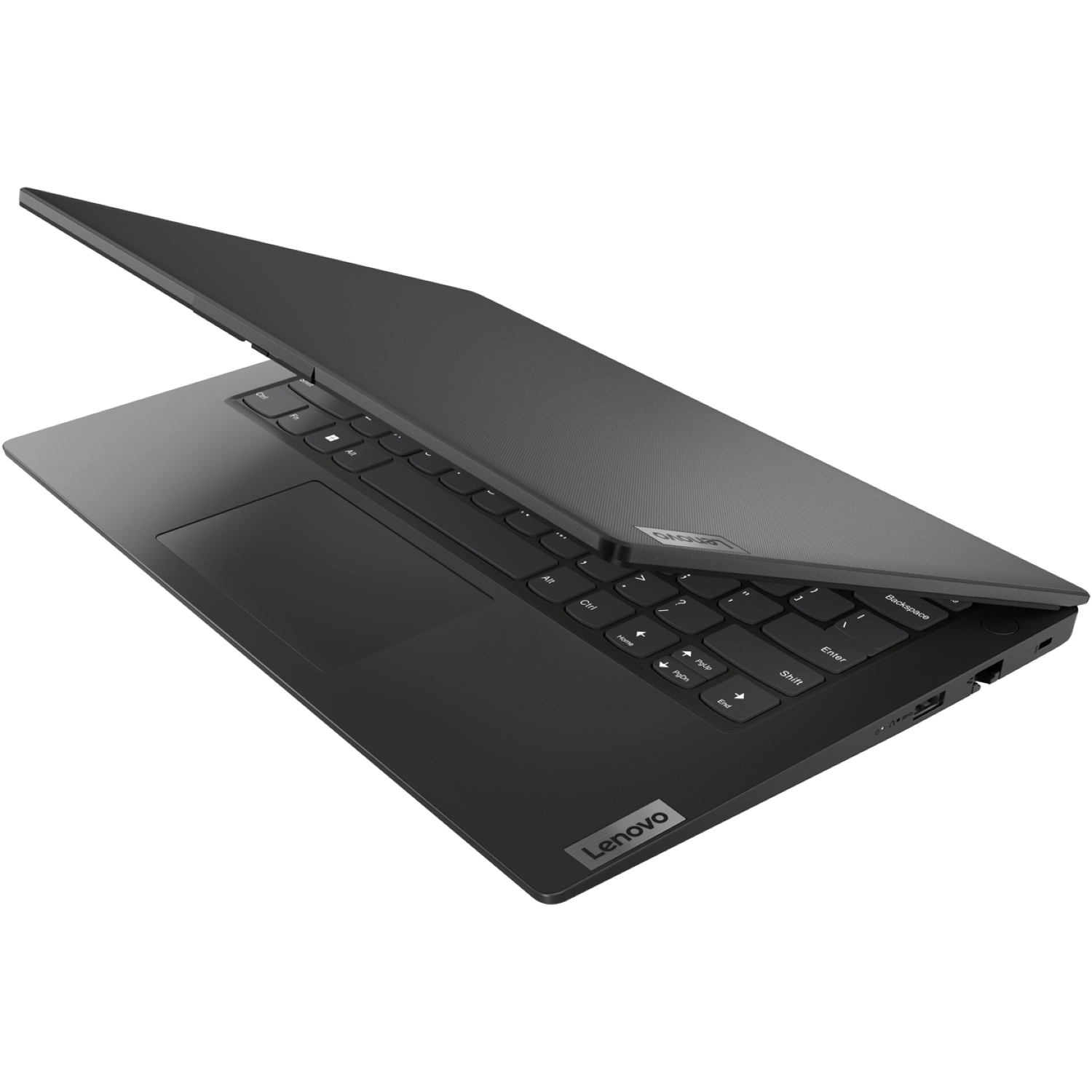 Een zwarte Lenovo-laptop is open en toont het toetsenbord en het touchpad. Het scherm is een beetje open.