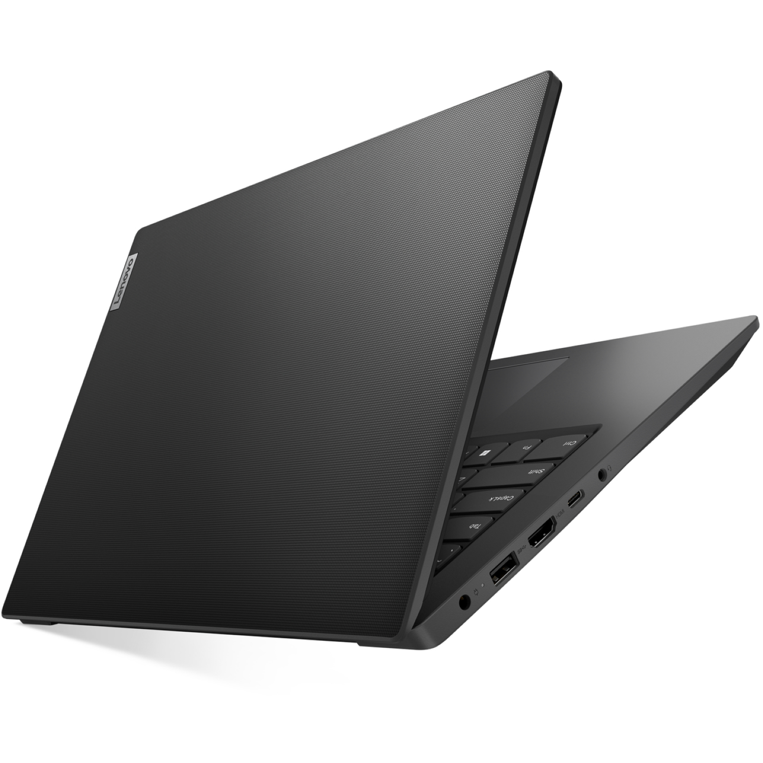 Een zwarte Lenovo laptop is open, met het toetsenbord en poorten. De deksel is open. De achtergrond is wit.