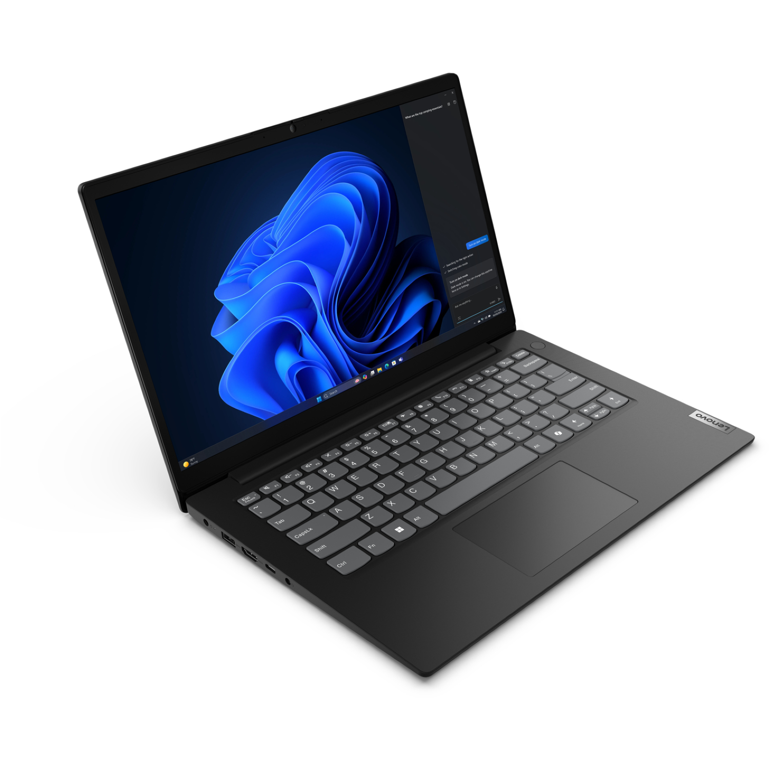 A black Lenovo laptop is open, displaying a blue abstract image on the screen. The keyboard is visible, and the laptop is on a white surface.