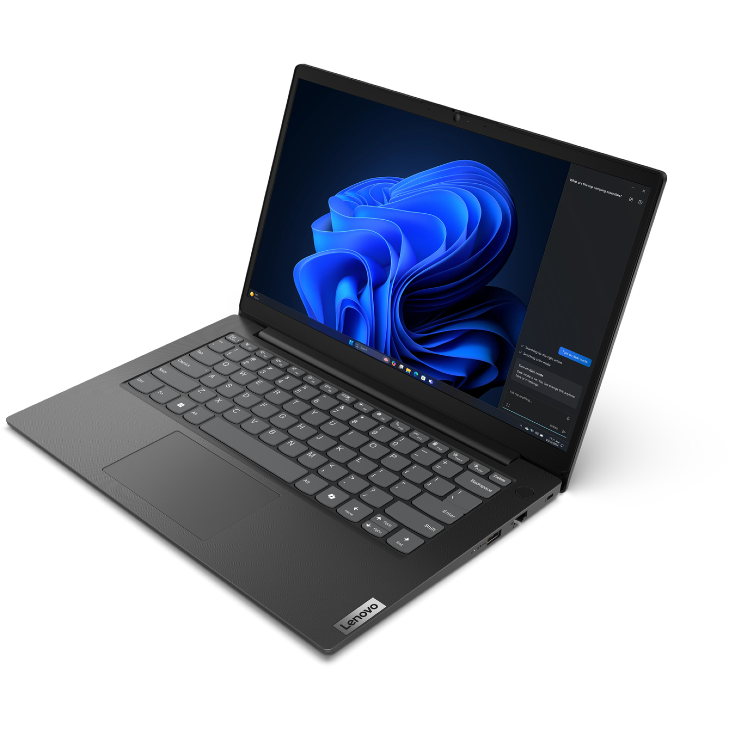A dark gray Lenovo laptop is open, displaying a blue abstract image on the screen. A chat window is open on the right.