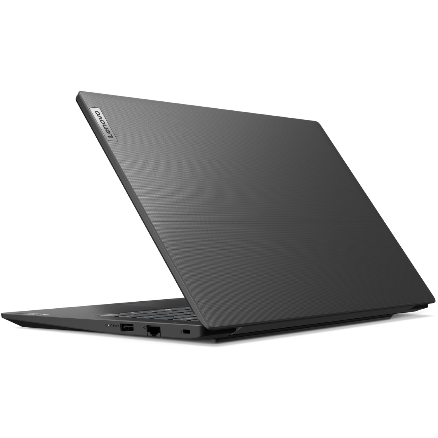 A dark gray Lenovo laptop is open on a white background. The screen is angled up, revealing the keyboard and ports on the side.
