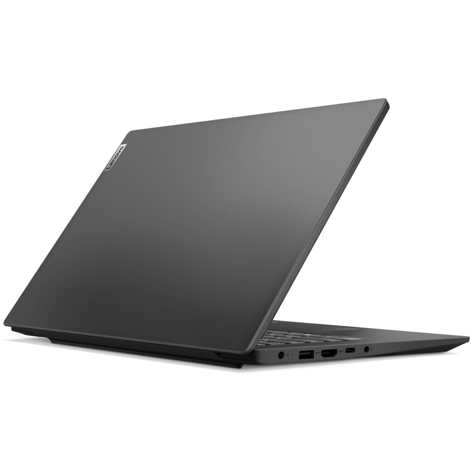 A dark gray Lenovo laptop is open on a white background. The screen is tilted, showing the keyboard and ports.