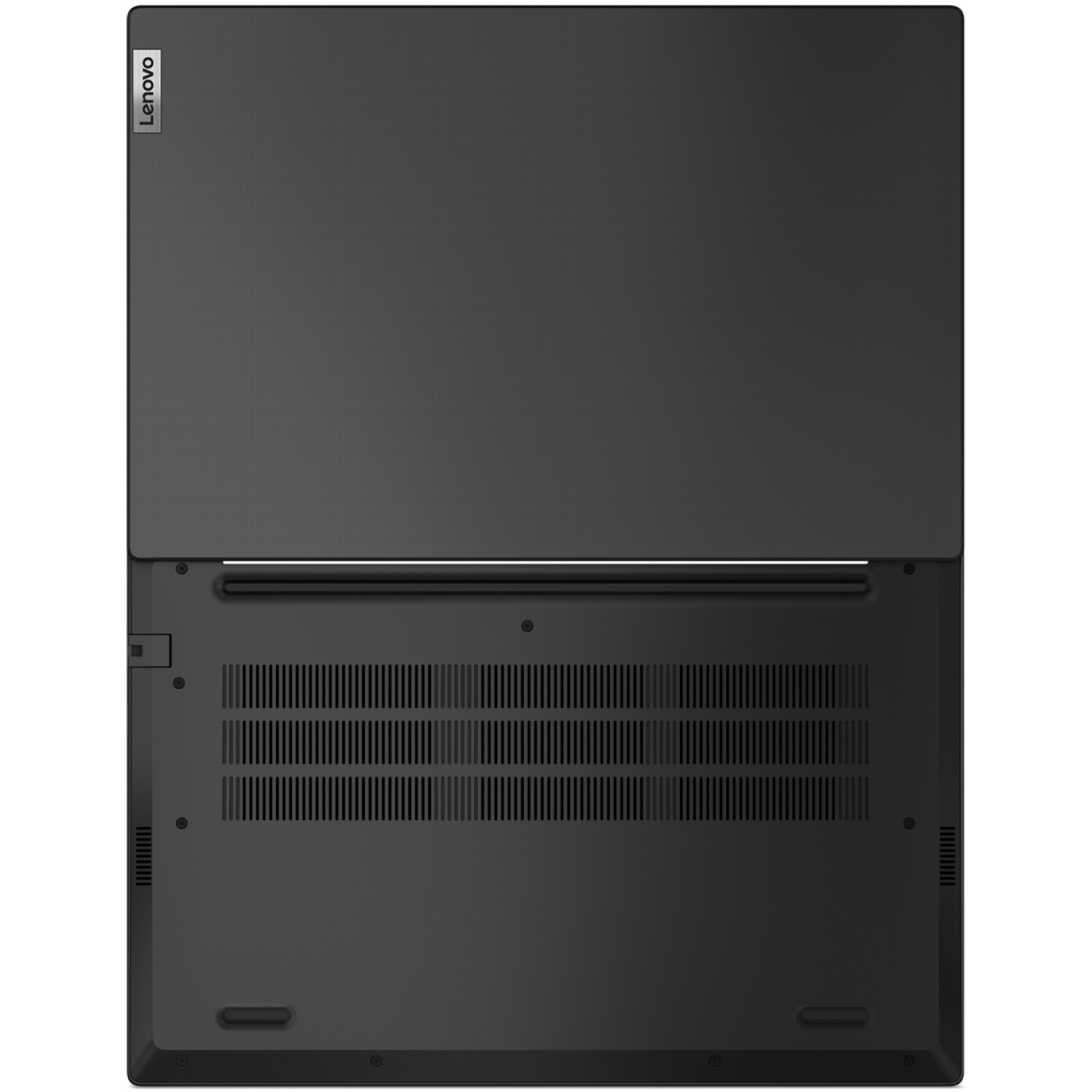 The bottom of a black Lenovo laptop. The lid is open. There are vents and a small Lenovo logo.