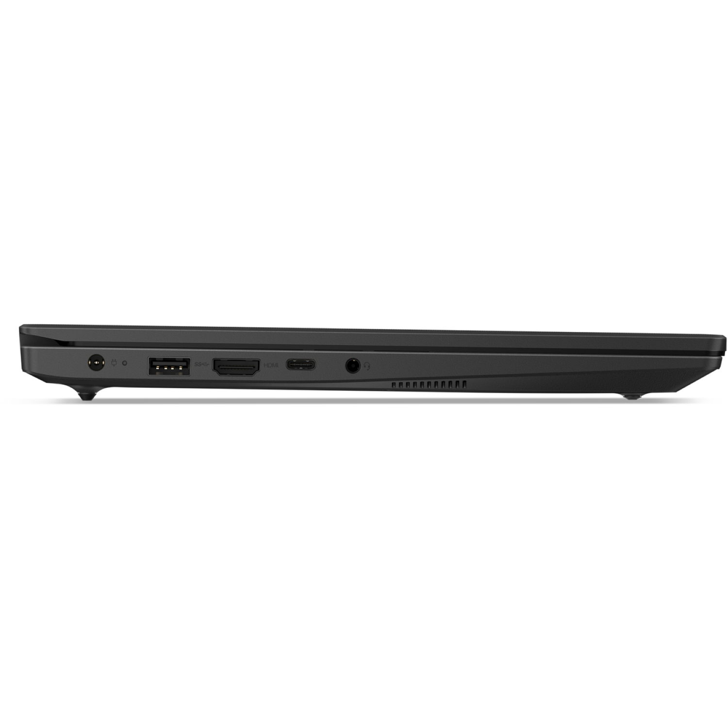 Side view of a black laptop. Ports include USB, HDMI, and audio. The laptop rests on a white surface, with a plain white background.
