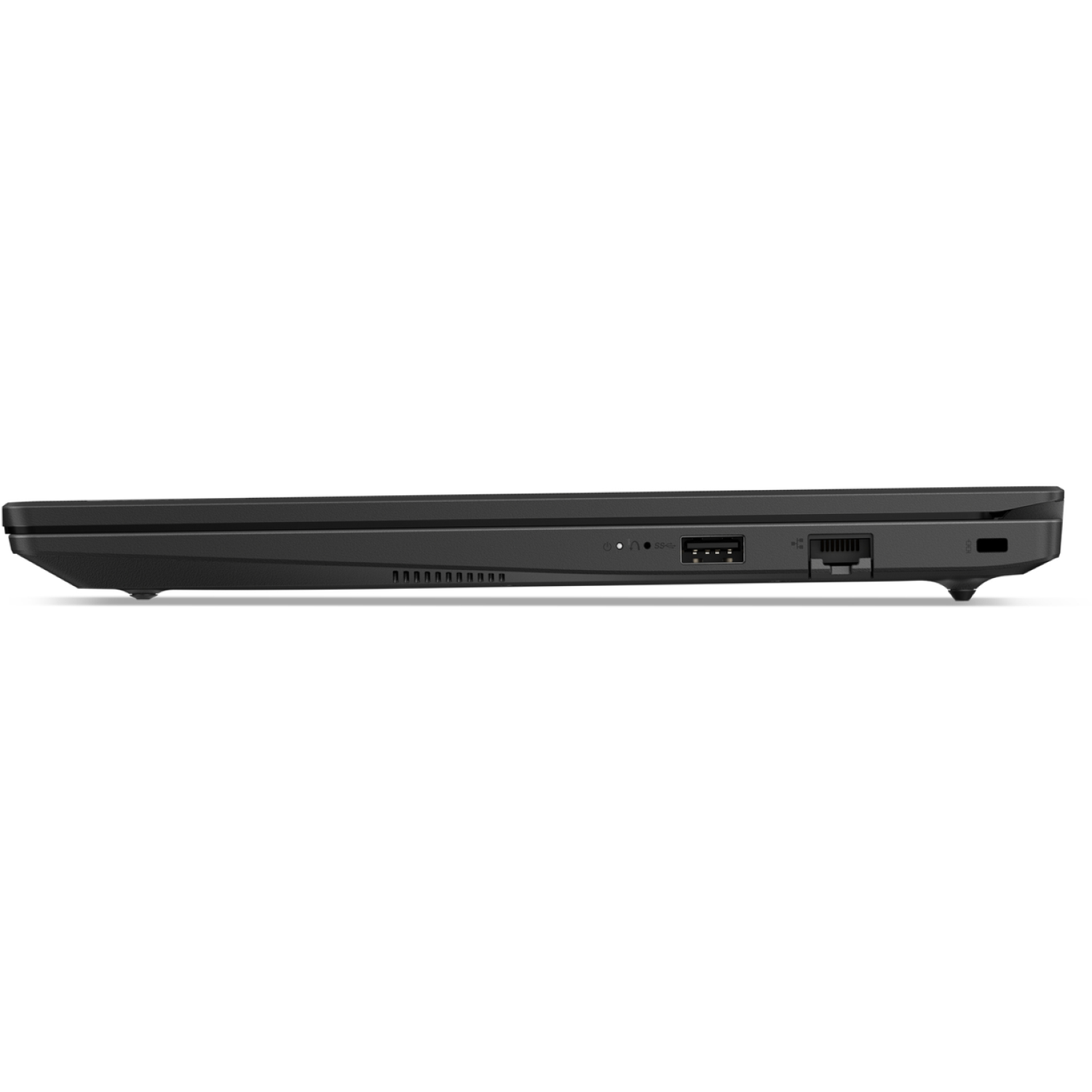 Side view of a black laptop. Visible ports include USB, Ethernet, and power. The laptop is on a white background.