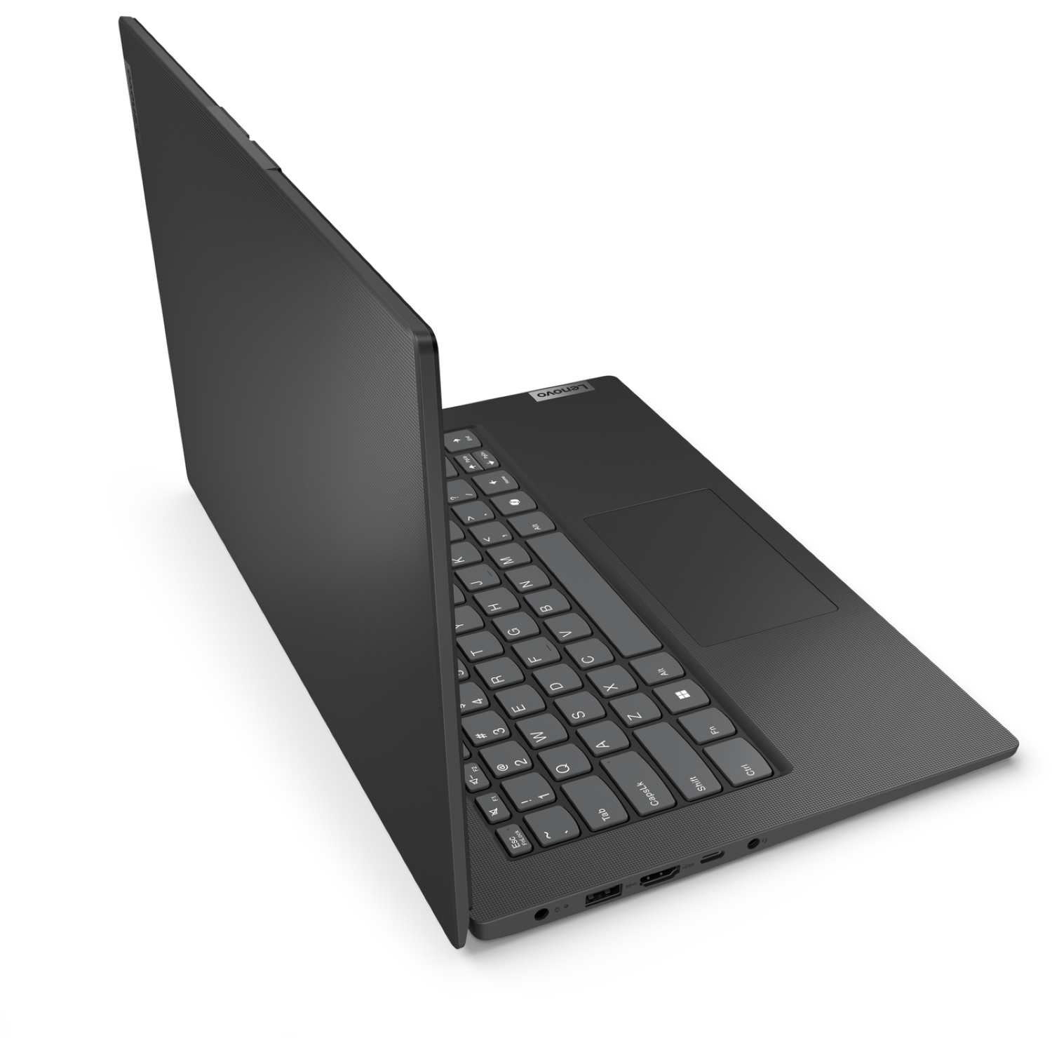 A dark gray Lenovo laptop is open, showing the keyboard and touchpad. The background is white.