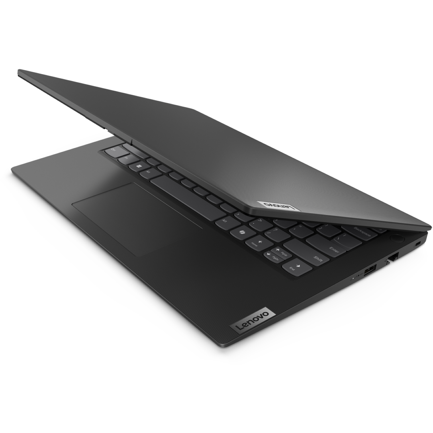 A black Lenovo laptop is open, revealing the keyboard and touchpad. The screen is slightly open. The Lenovo logo is visible.