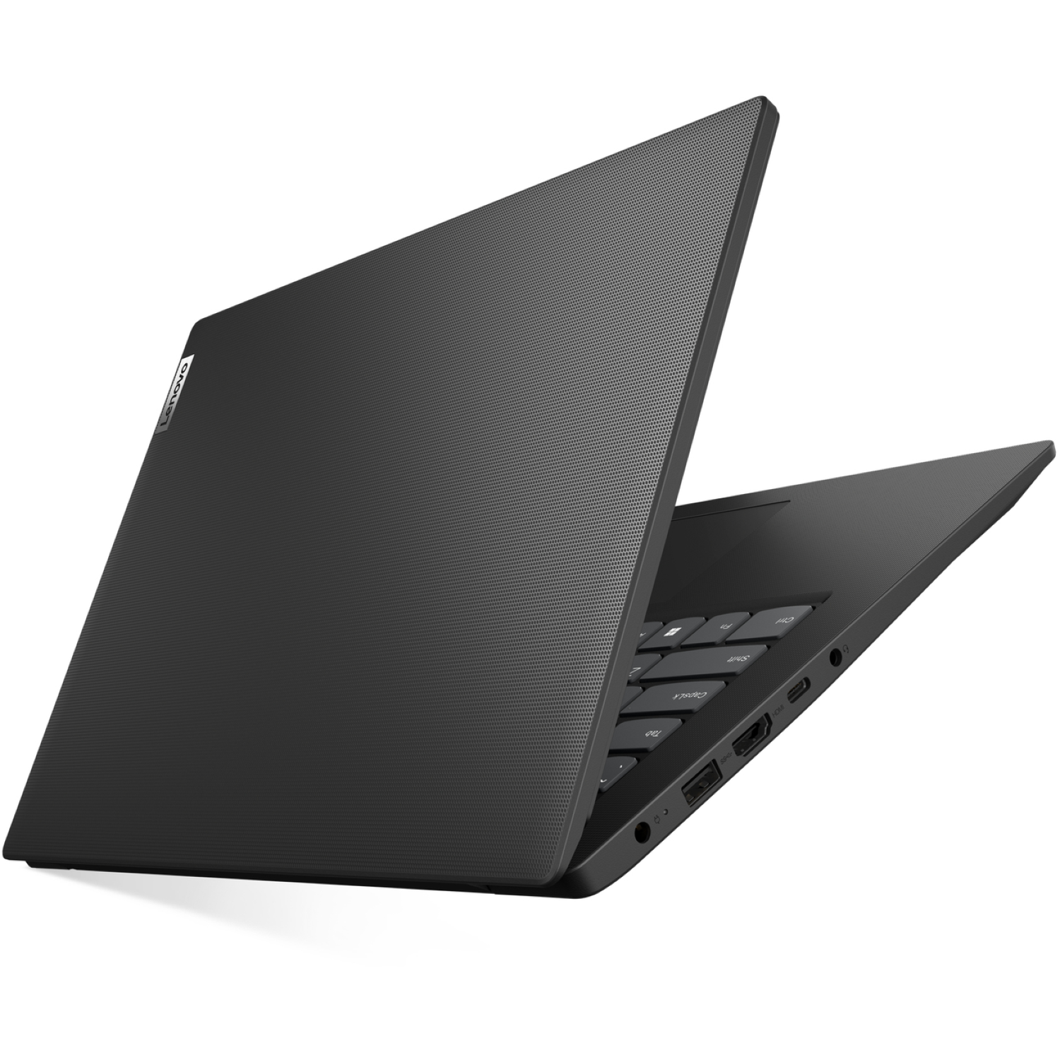 A black Lenovo laptop is open on a white surface. The laptop's screen is slightly open, revealing the keyboard and ports.