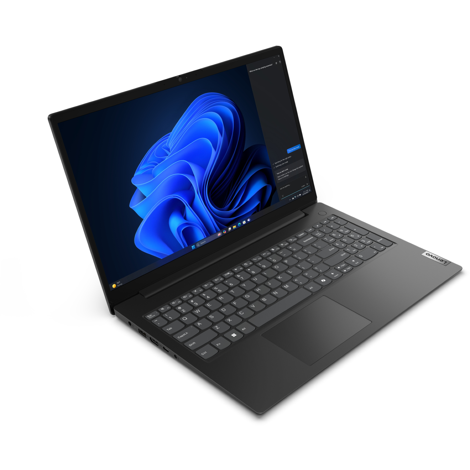 A black Lenovo laptop is open, showing a blue abstract wallpaper. The keyboard and touchpad are visible.