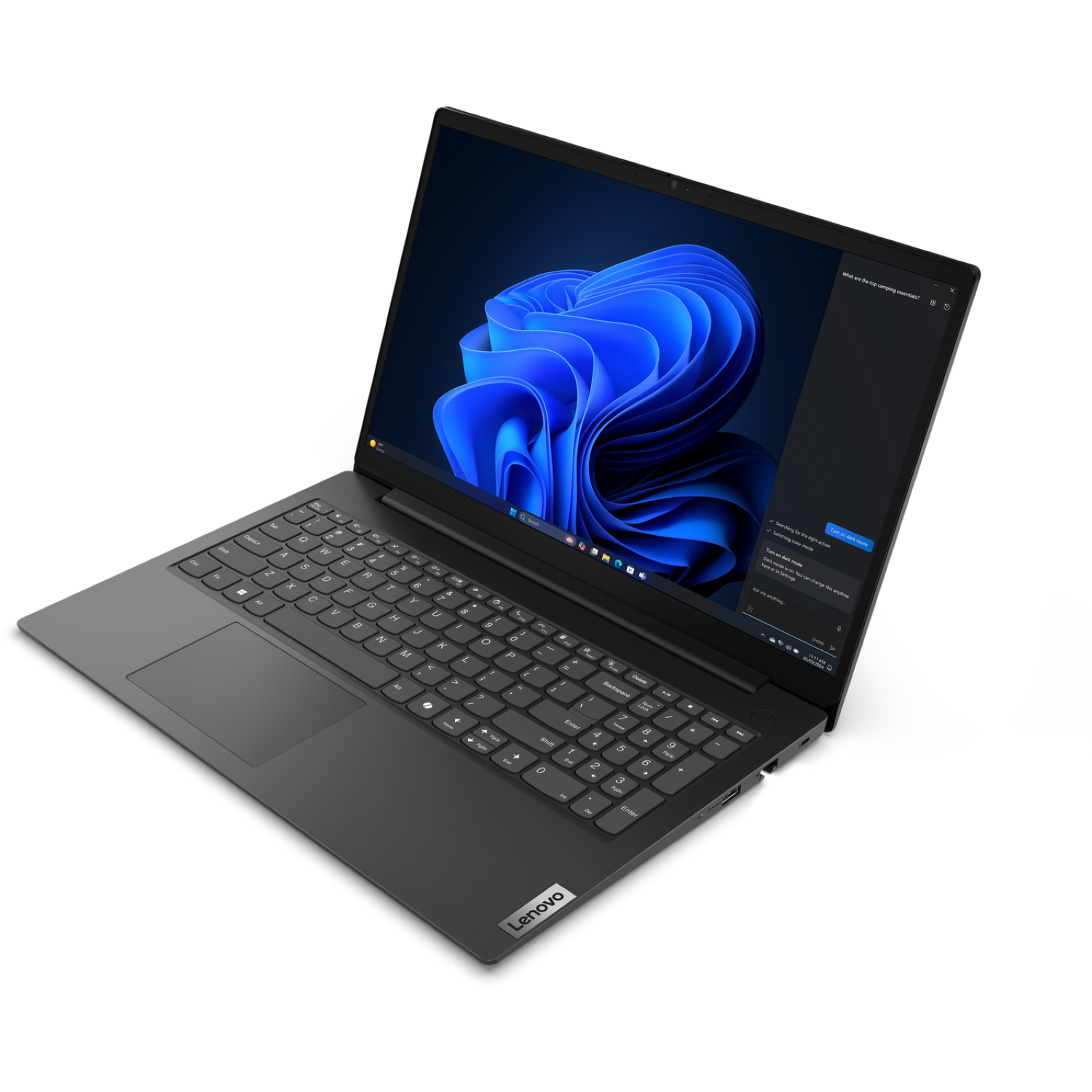A Lenovo laptop displays a blue abstract image on the screen. The keyboard is visible, and a search bar is open on the side.