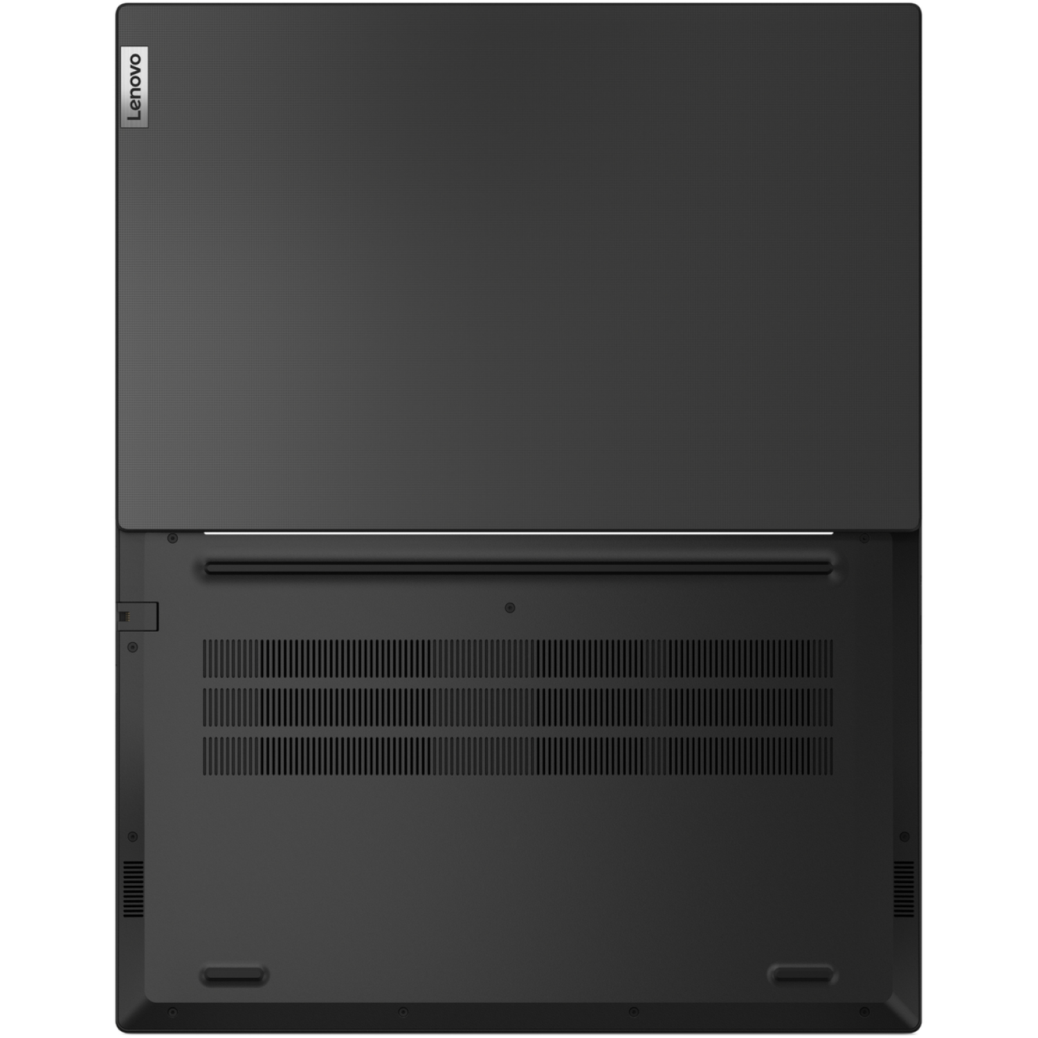 Top view of a black Lenovo laptop. The screen is open. The base has vents and a Lenovo logo is visible.