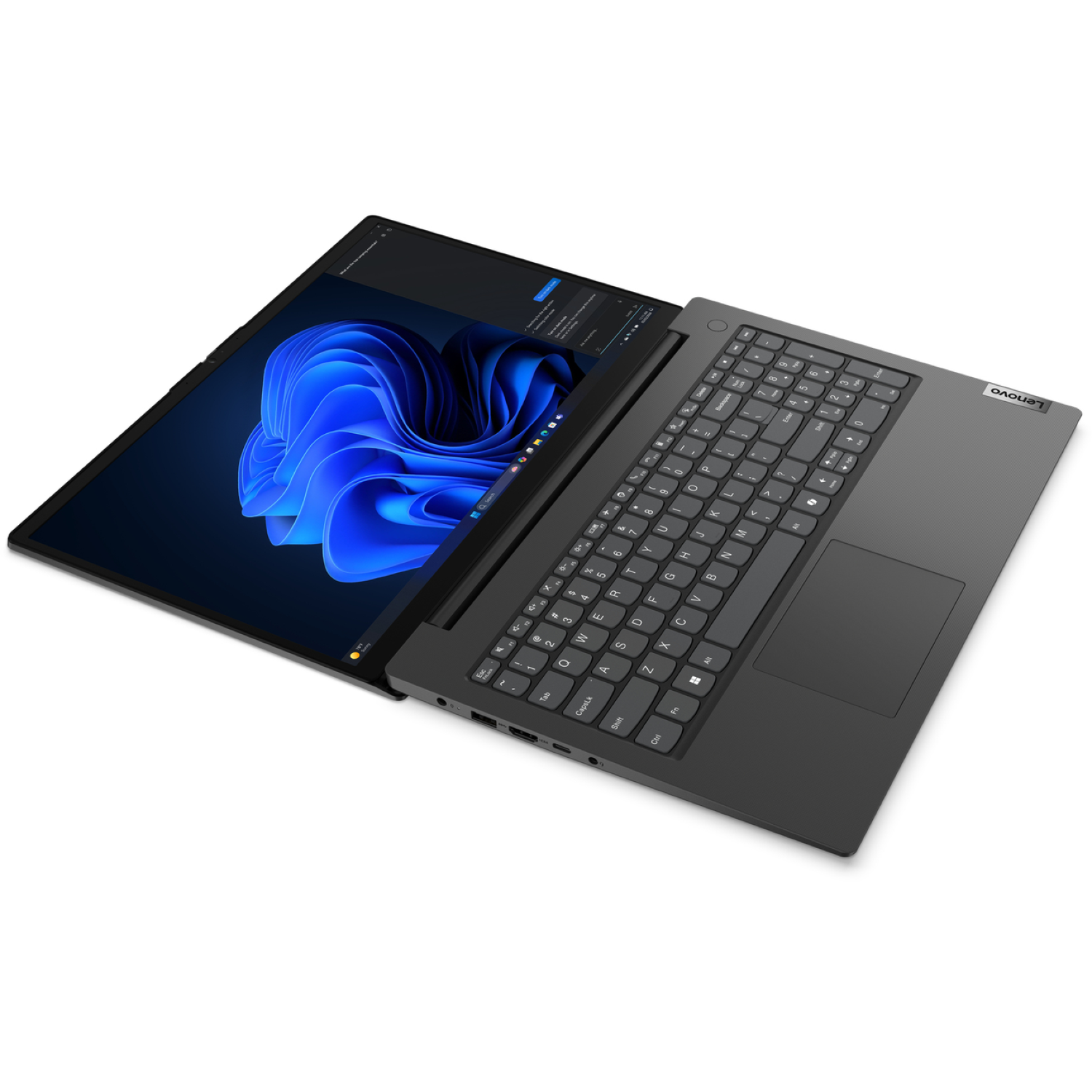 A gray Lenovo laptop is open on a white surface. The screen displays a blue abstract image and the keyboard is visible.