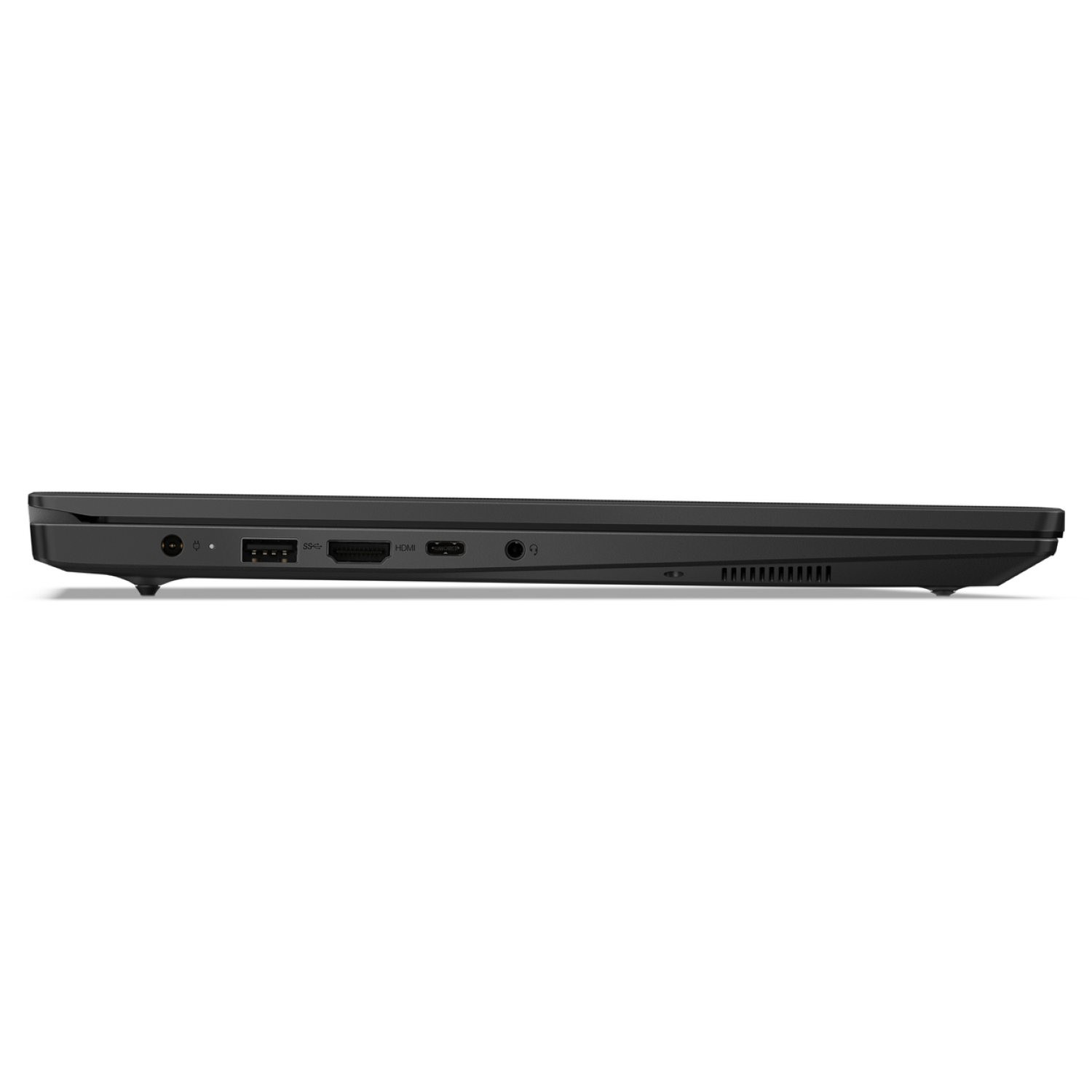 Side view of a black laptop. Ports visible include USB, HDMI, and headphone jack. The laptop is on a white background.