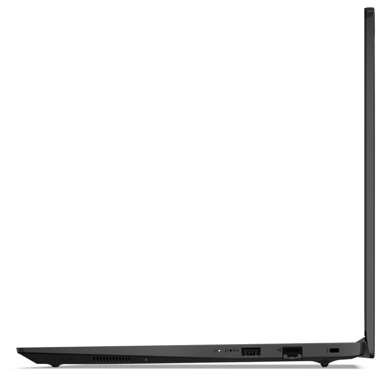 Side view of a black laptop. Ports visible along the side include USB, HDMI, and audio. The screen is closed.