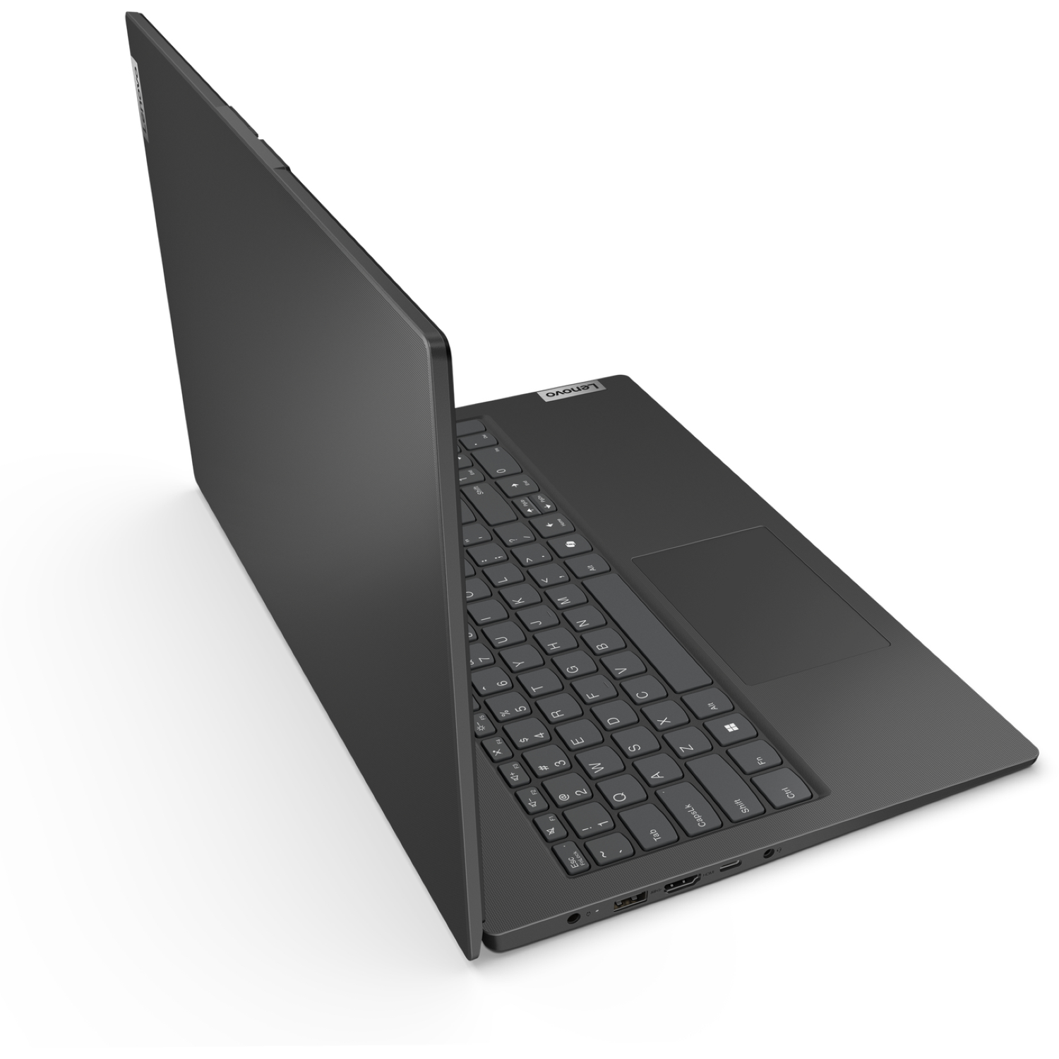 A dark gray Lenovo laptop is open on a white surface. The keyboard is visible, with the screen tilted upward. The logo is at the top.