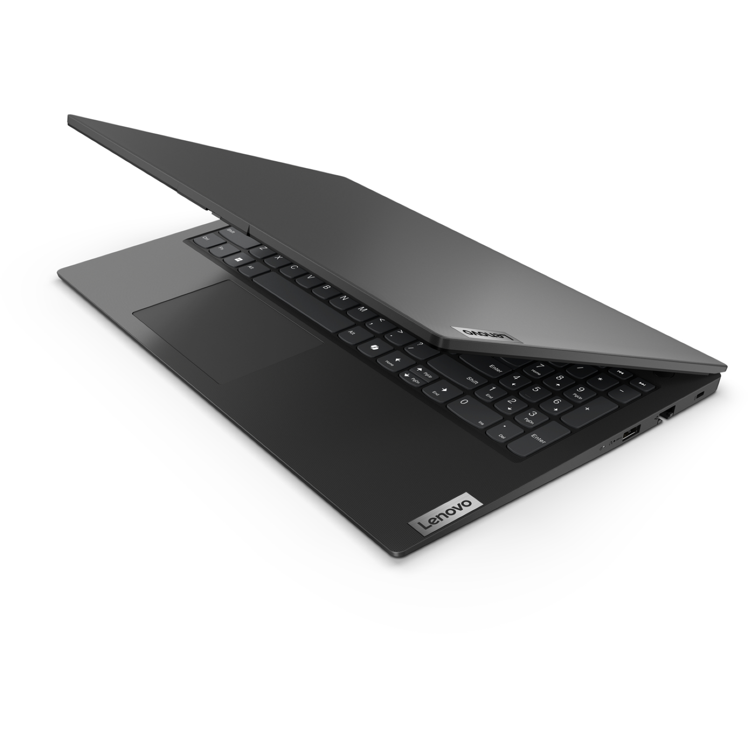 A dark gray Lenovo laptop, open at an angle. The keyboard is visible, with the Lenovo logo at the bottom. The background is white.
