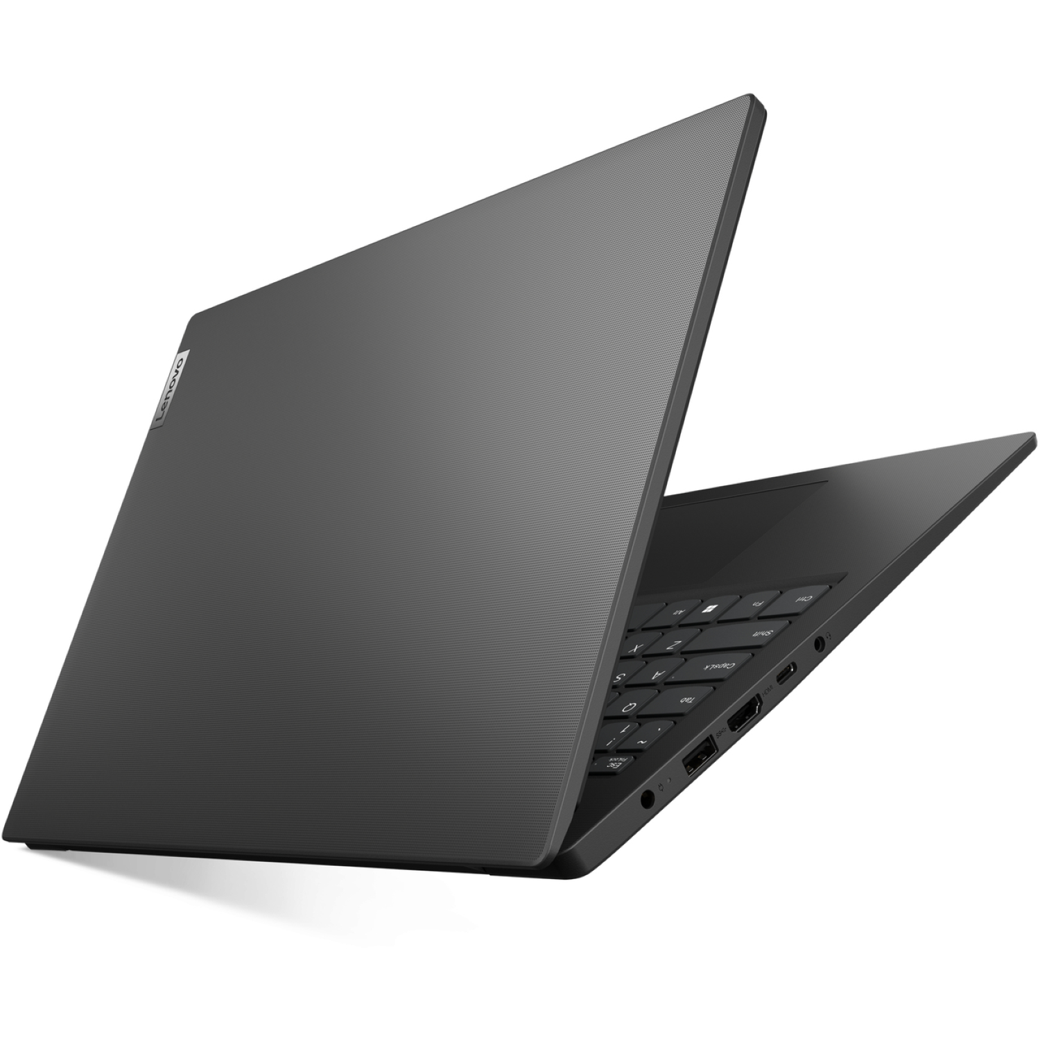 A dark gray Lenovo laptop is slightly open, showing the keyboard and ports. The lid has a textured surface. White background.
