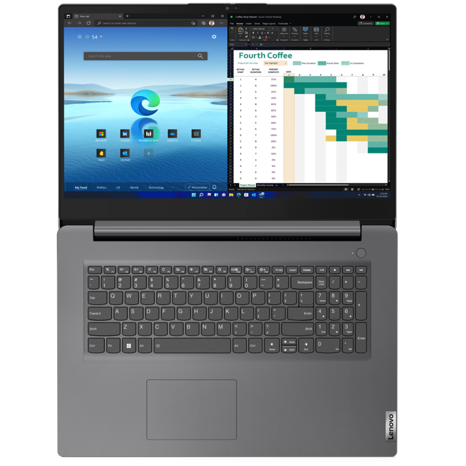 Laptop displaying a browser and a project plan. Keyboard in the foreground, Lenovo logo at the bottom right. Screen shows applications.