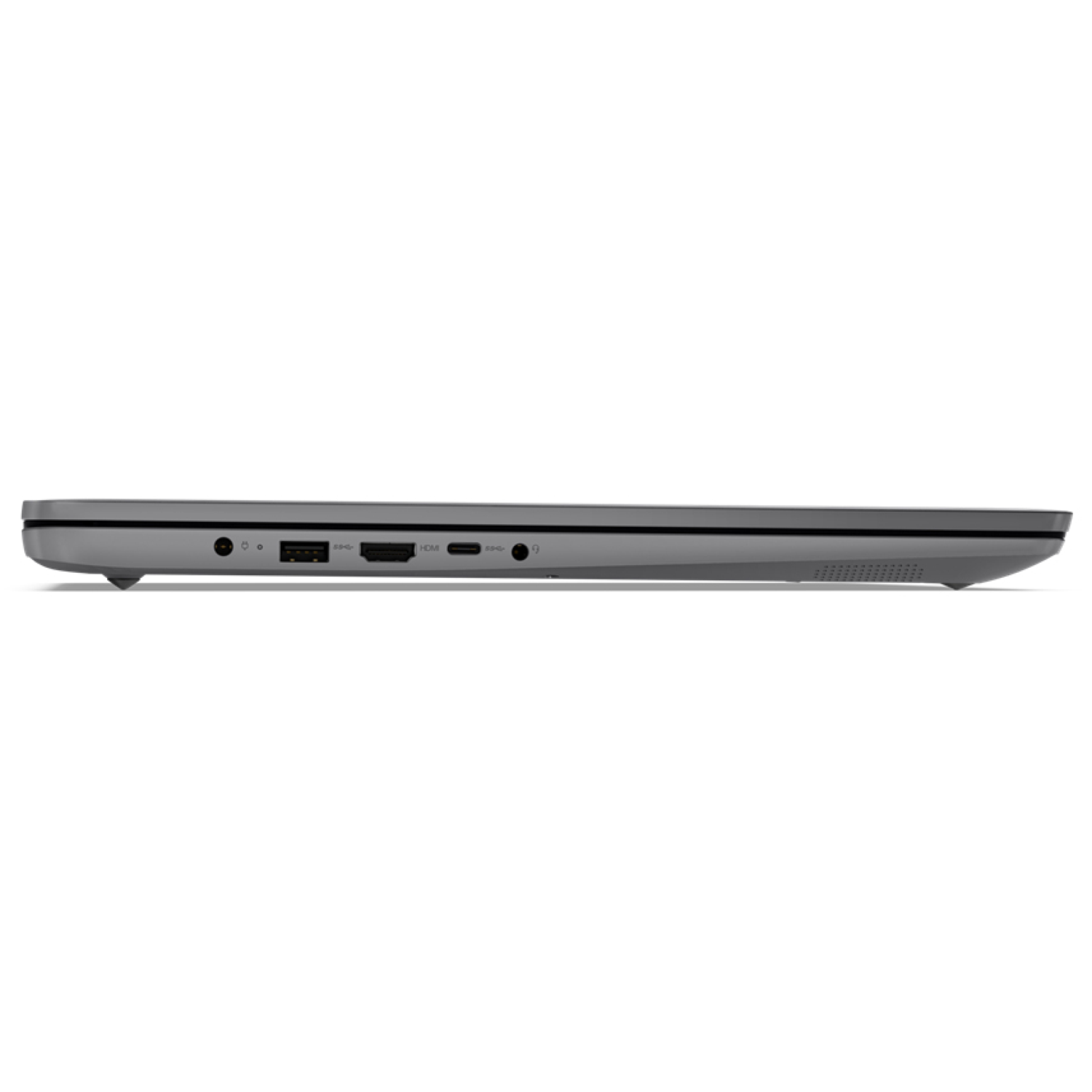 Side view of a gray laptop. Ports include USB, HDMI, and audio. The device is on a white background. It's thin and sleek.