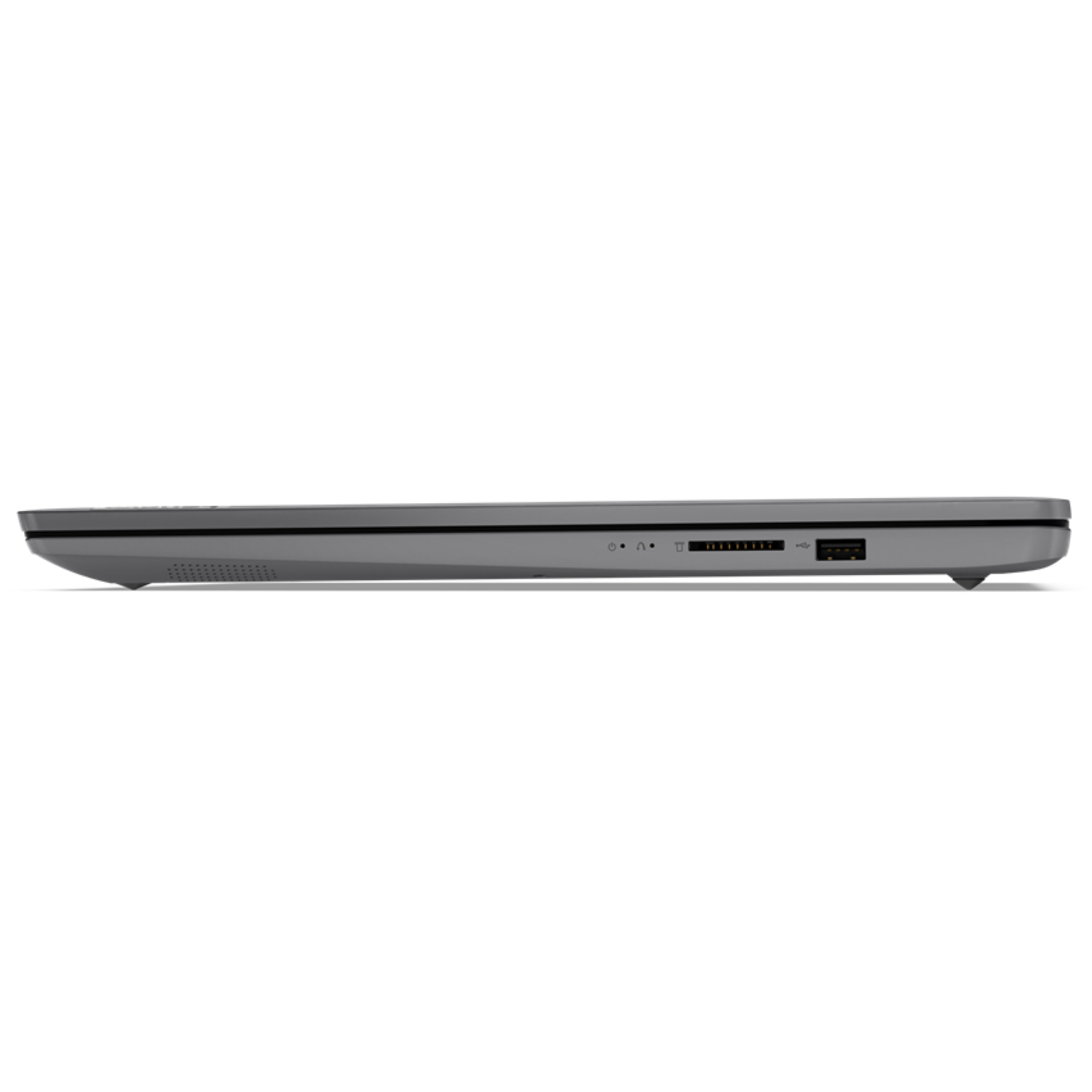 Side view of a gray laptop. Visible are ports, including USB and audio, alongside ventilation holes. The background is white.