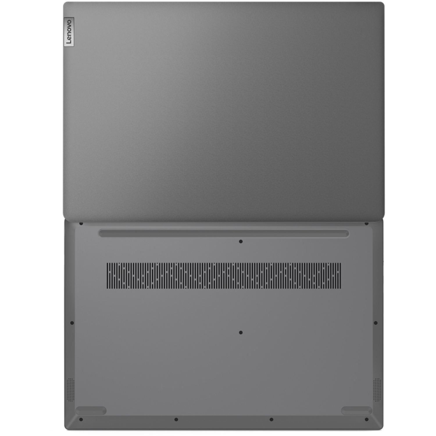 Top-down view of a grey Lenovo laptop, open. The top cover has the Lenovo logo. The bottom shows vents and ports.