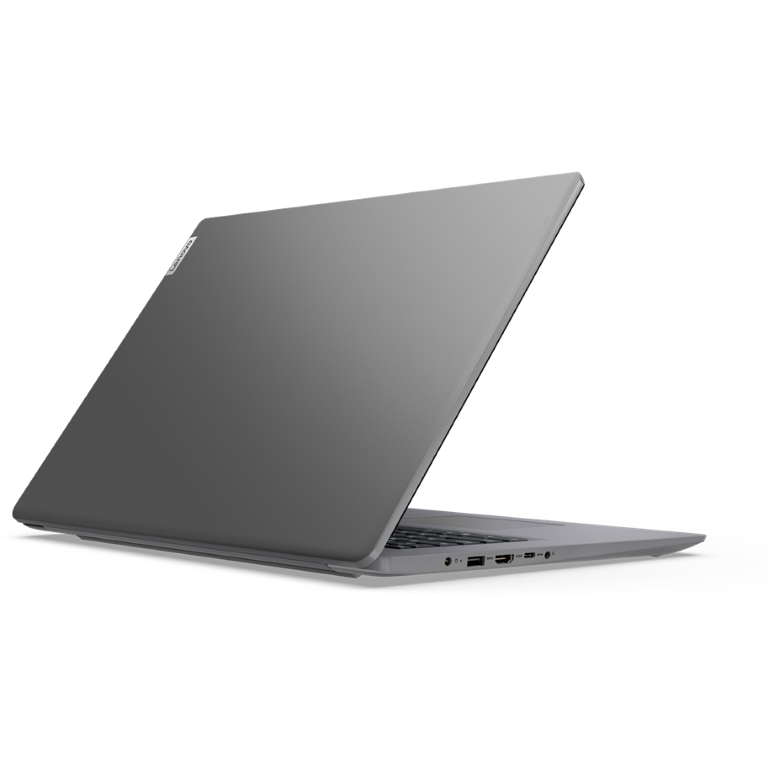 A gray Lenovo laptop, slightly open, angled from the back right. It has ports visible on the side. The background is white.