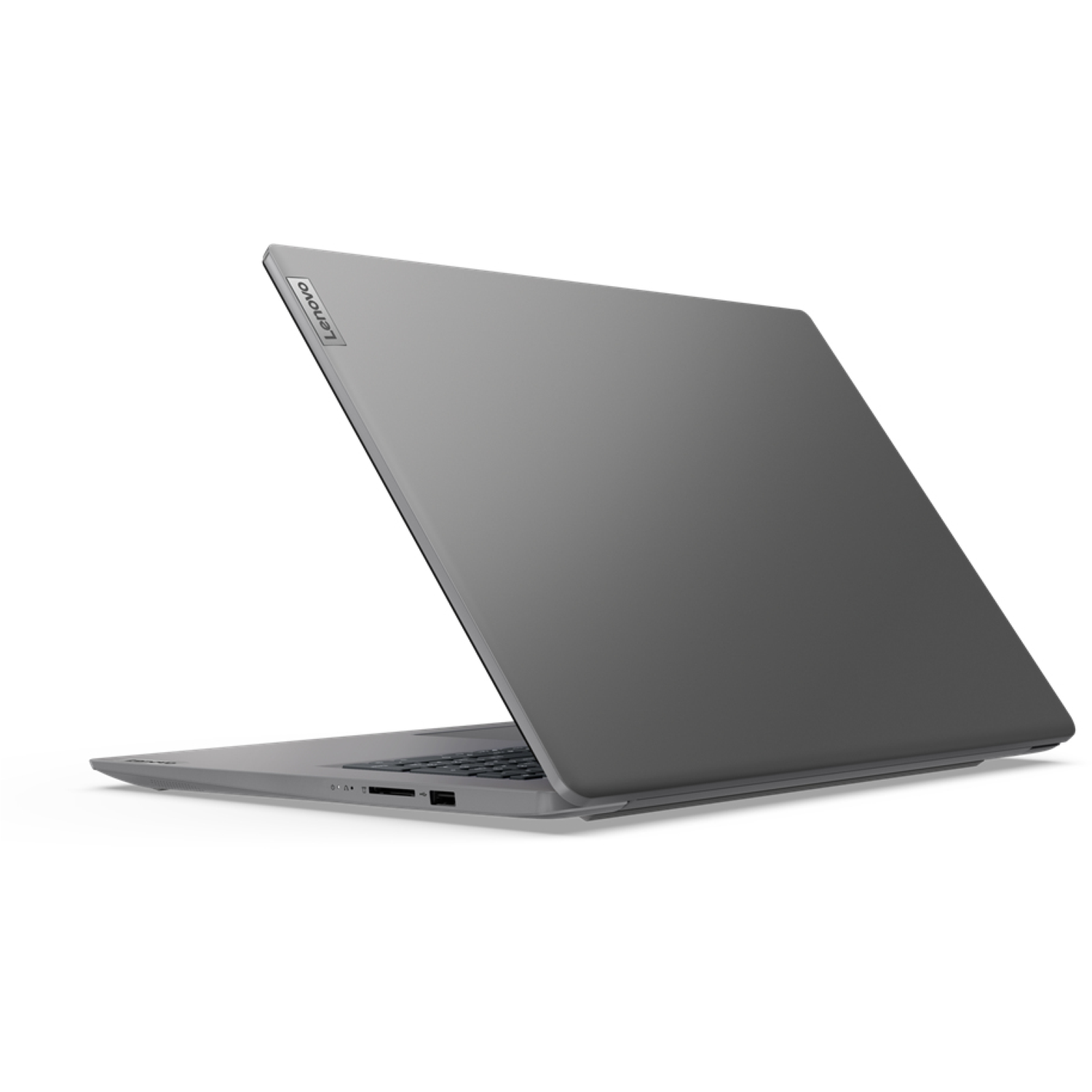 A gray Lenovo laptop is open on a white surface. The screen is angled, showing the back with the Lenovo logo.
