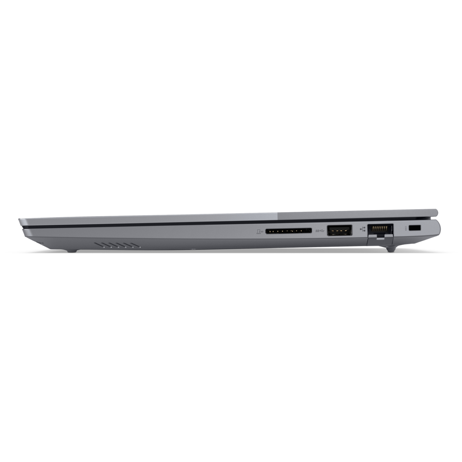 Side view of a gray laptop, showing ports and vents. The laptop is on a white background.