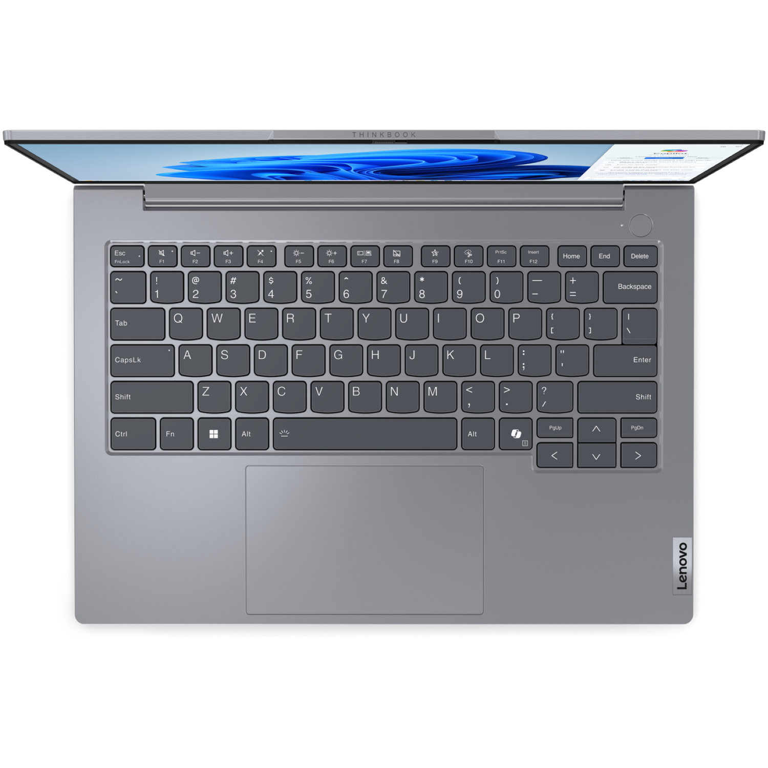 An open Lenovo ThinkBook laptop, viewed from above. The screen displays a Windows interface, with a gray keyboard.