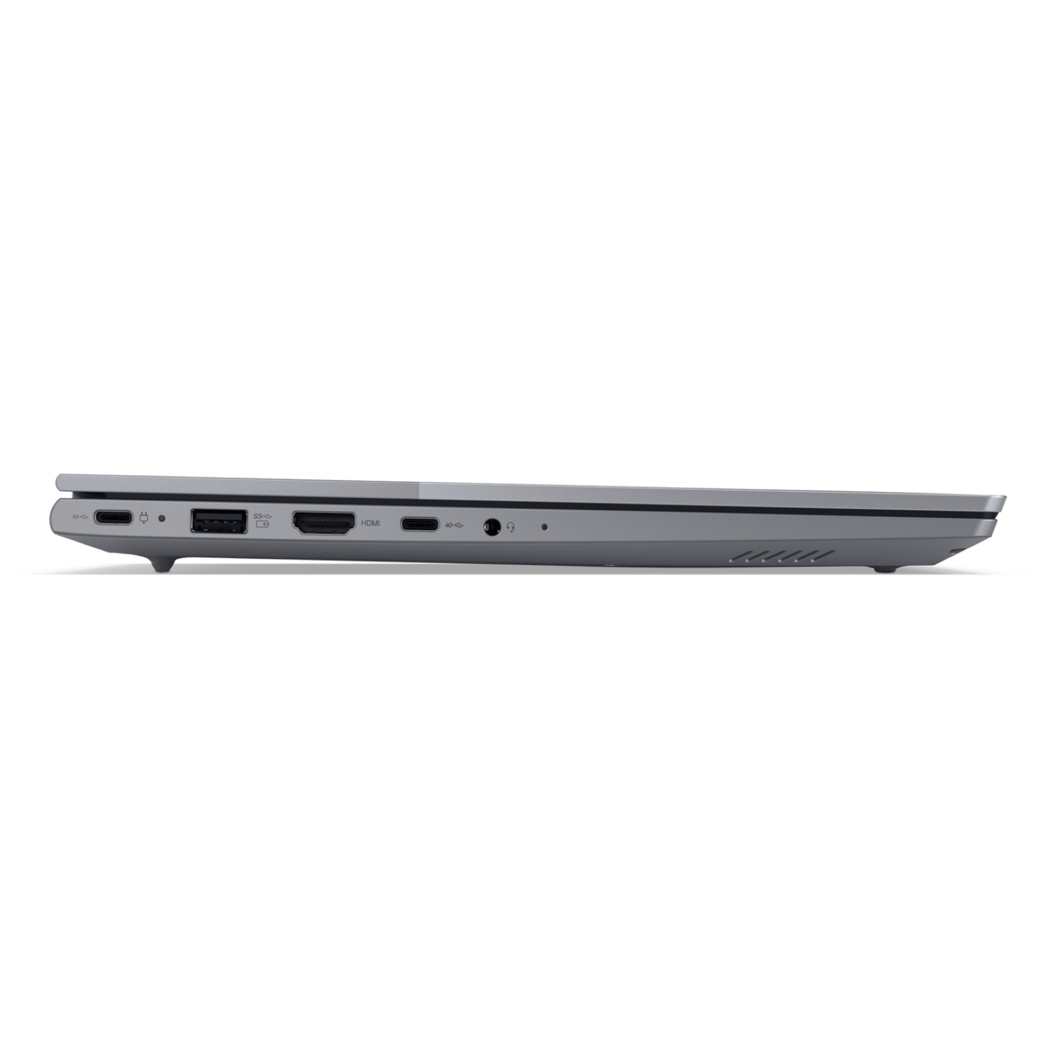 Side view of a gray laptop. Ports are visible: USB, HDMI, and audio. The bottom edge shows vents. The background is white.