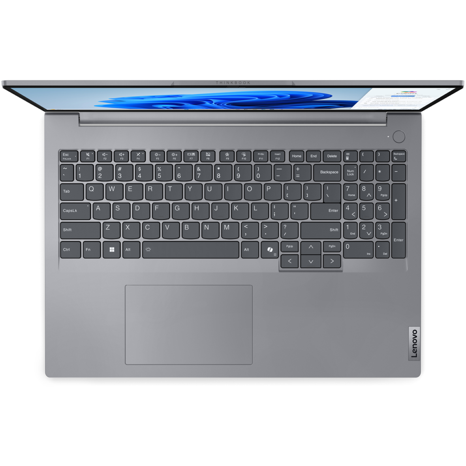 A gray Lenovo ThinkBook laptop with an open screen, showing the keyboard and trackpad, against a white backdrop.