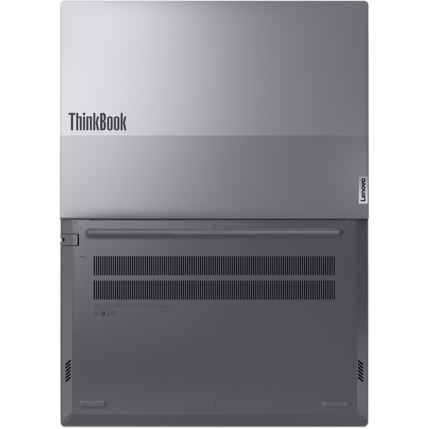 The underside of a gray ThinkBook laptop is shown. The bottom has vents, and a Lenovo logo is visible. The top has ThinkBook.