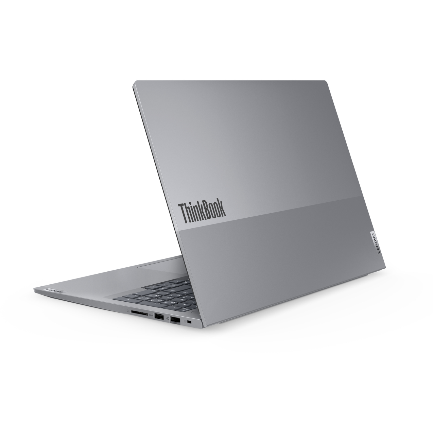 A gray ThinkBook laptop is slightly open, displaying keyboard and screen. The Lenovo logo is visible. The background is white.