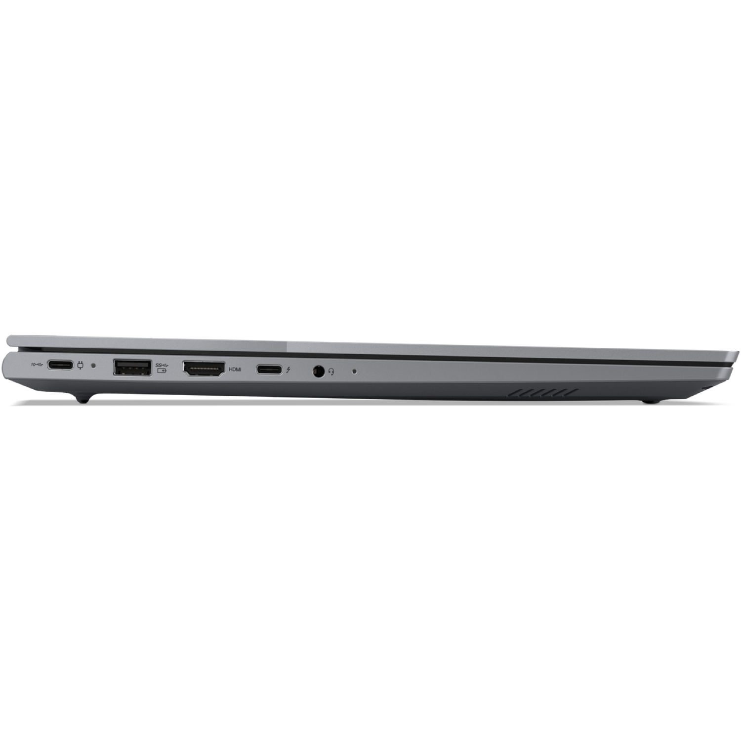 A closed grey laptop seen from the side, showing ports like USB, HDMI, and a headphone jack. The top is slightly open.