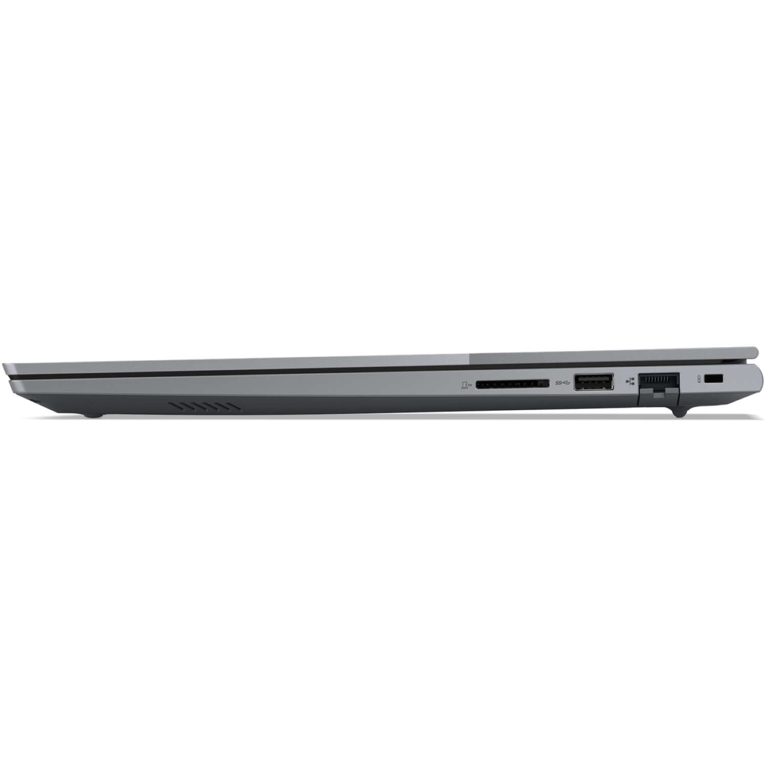 Side view of a silver laptop. Visible ports include USB, SD card slot, and power input. The bottom has air vents.