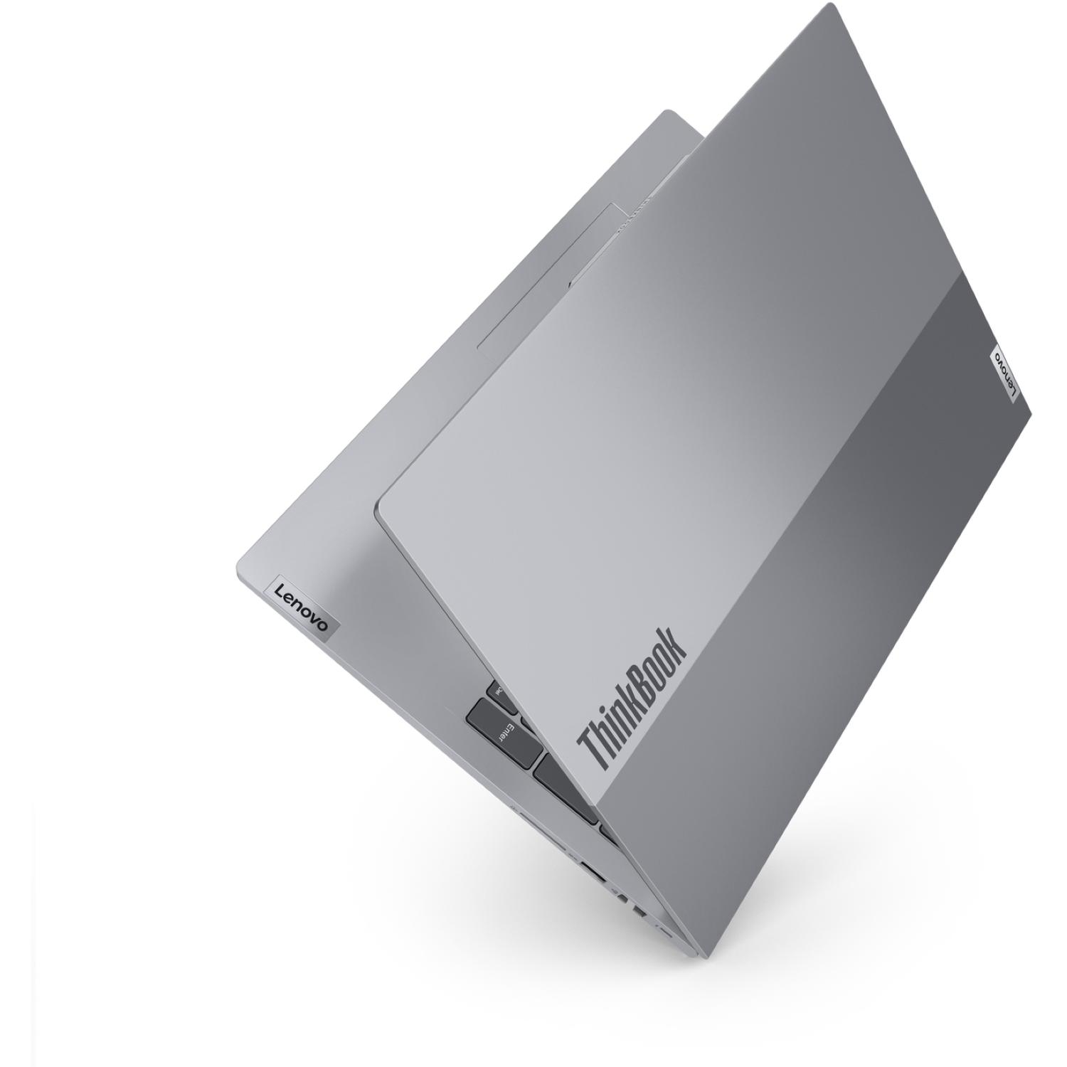 A Lenovo ThinkBook laptop in gray, partially open, angled against a white background. 'Lenovo' and 'ThinkBook' are visible.