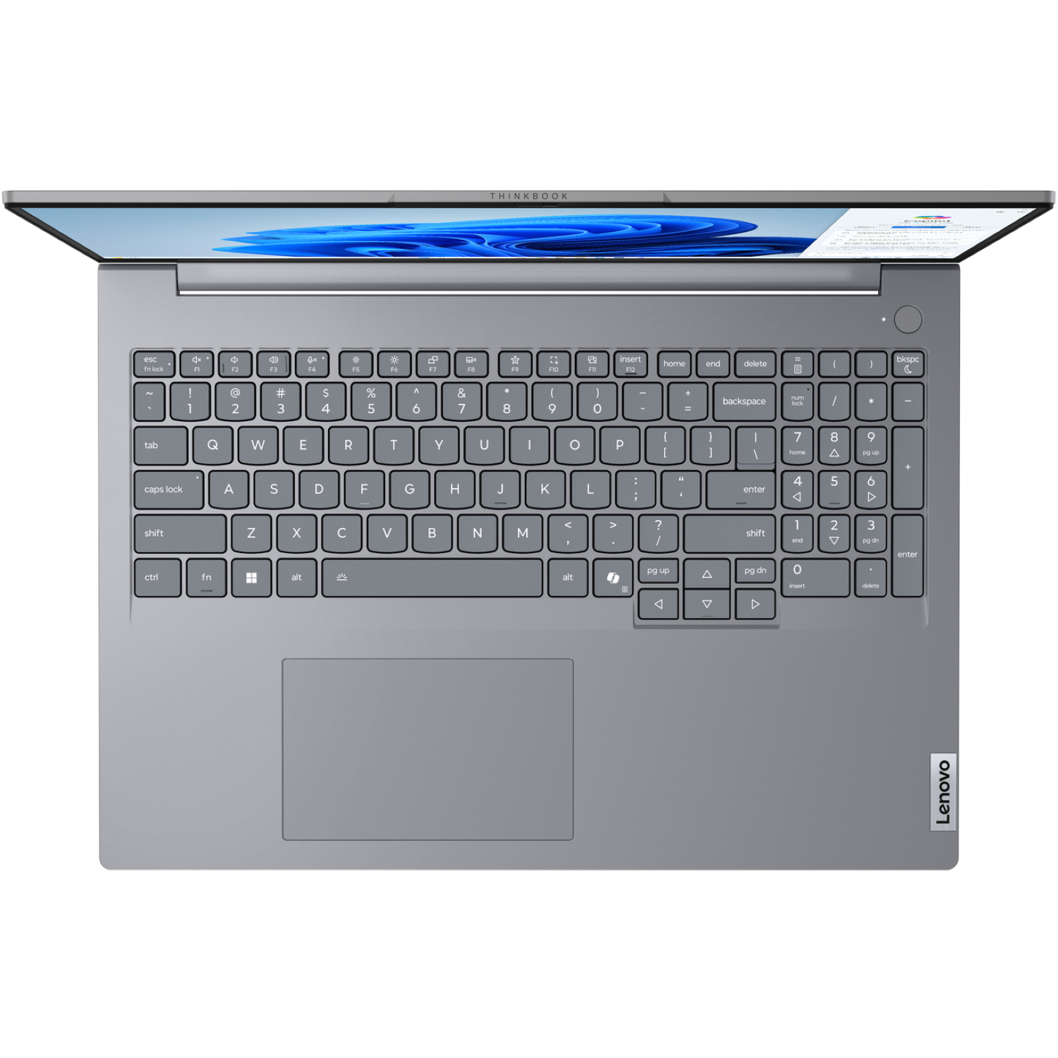 A silver Lenovo ThinkBook laptop open, showing keyboard and screen, with a white background.