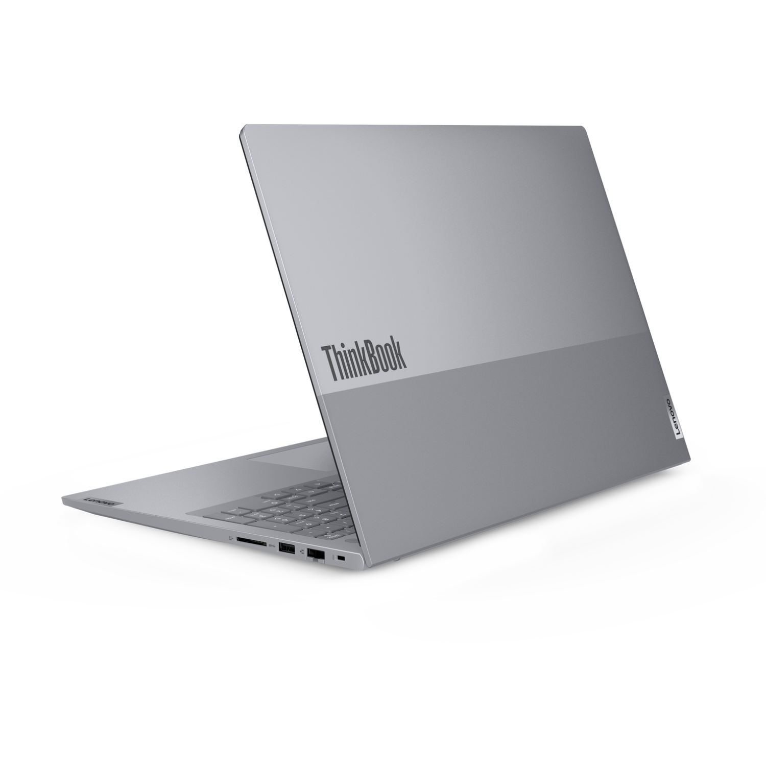 A gray Lenovo ThinkBook laptop is angled open on a white background. The keyboard is visible, along with the ThinkBook logo.