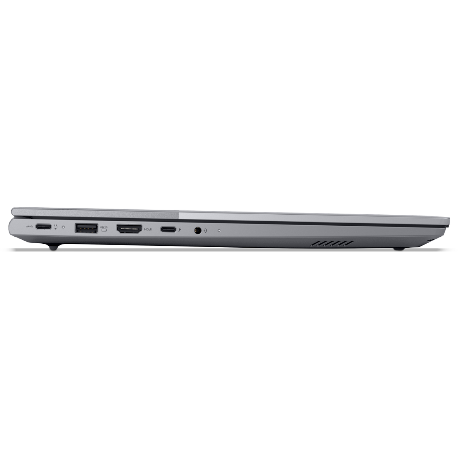 Side view of a closed silver laptop, showing ports, vents, and a power button. The background is plain white.
