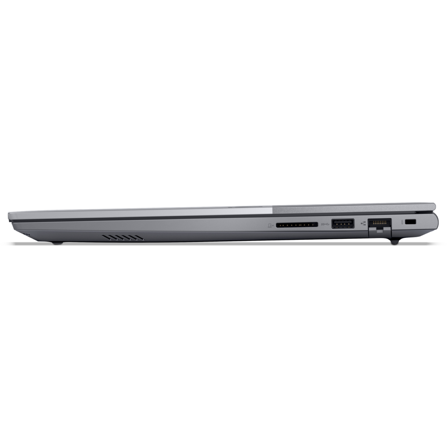 Side view of a closed gray laptop, showing ports, vents, and a power button. The background is plain white.