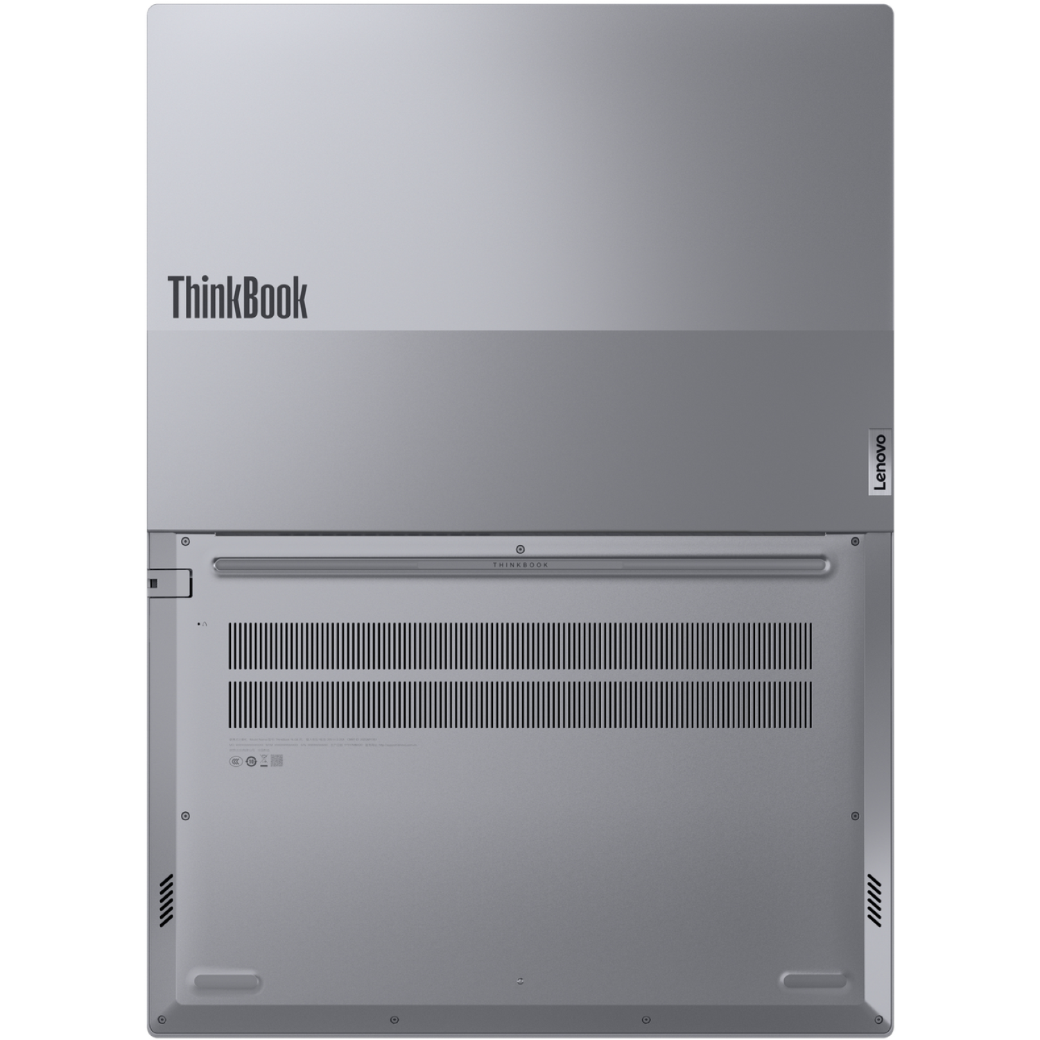 A gray Lenovo ThinkBook laptop, viewed from the bottom. The ThinkBook logo is visible. The bottom has ventilation grilles and various ports.