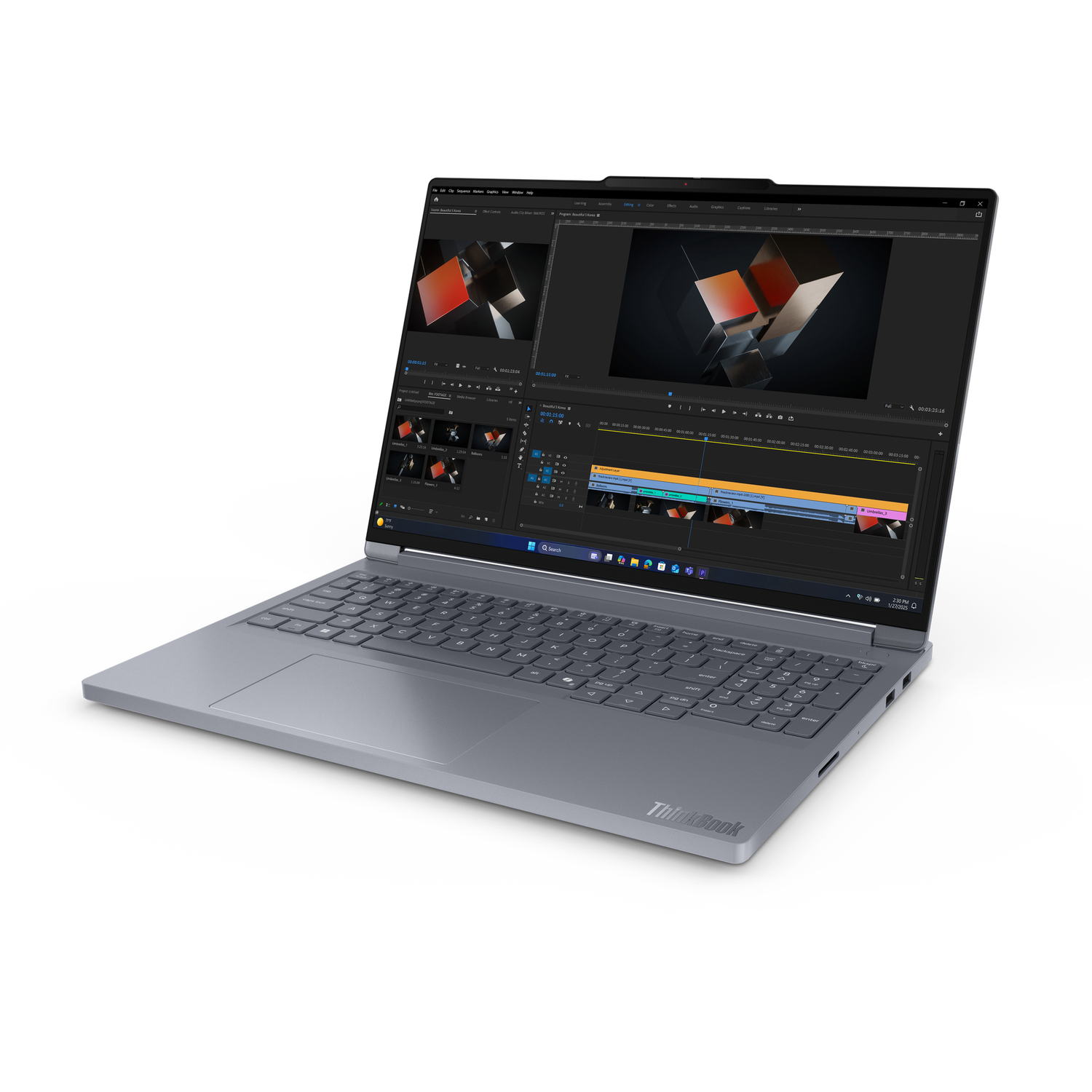 A gray ThinkBook laptop displays video editing software. The screen shows a timeline and video preview. White background.