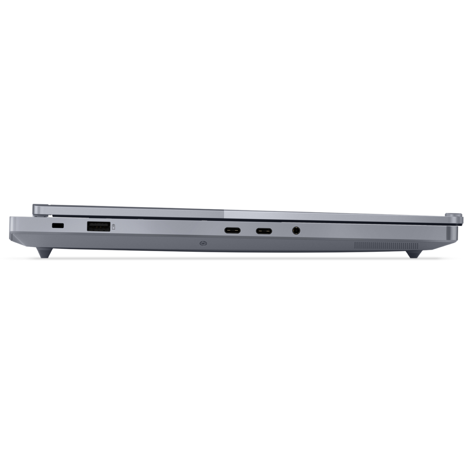 Side view of a gray laptop. Visible ports include USB, USB-C, and audio jack. The laptop is slightly open, set against a white background.